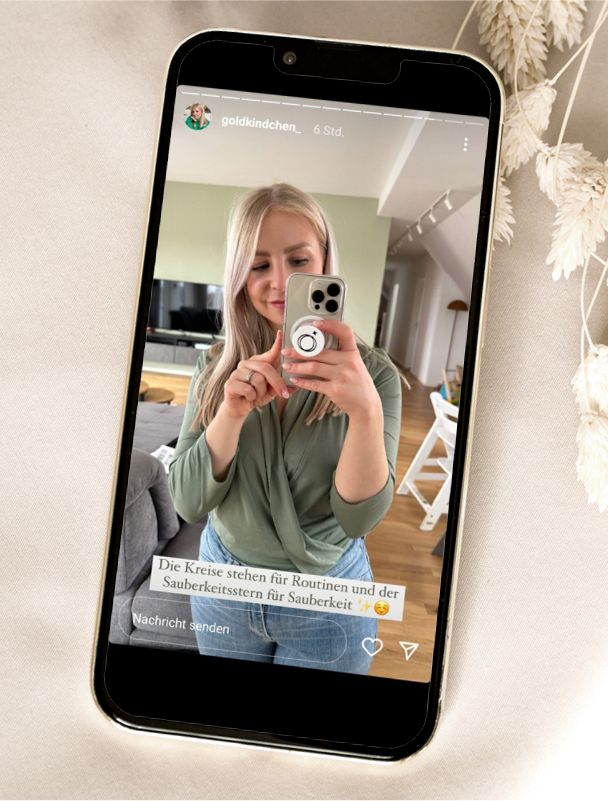 Das neue Goldkindchen Symbol: Zwei Kreise für Routine und Struktur, ergänzt durch einen Stern für Perfektion und Klarheit. Ein starkes Branding-Element, das Wiedererkennung schafft.