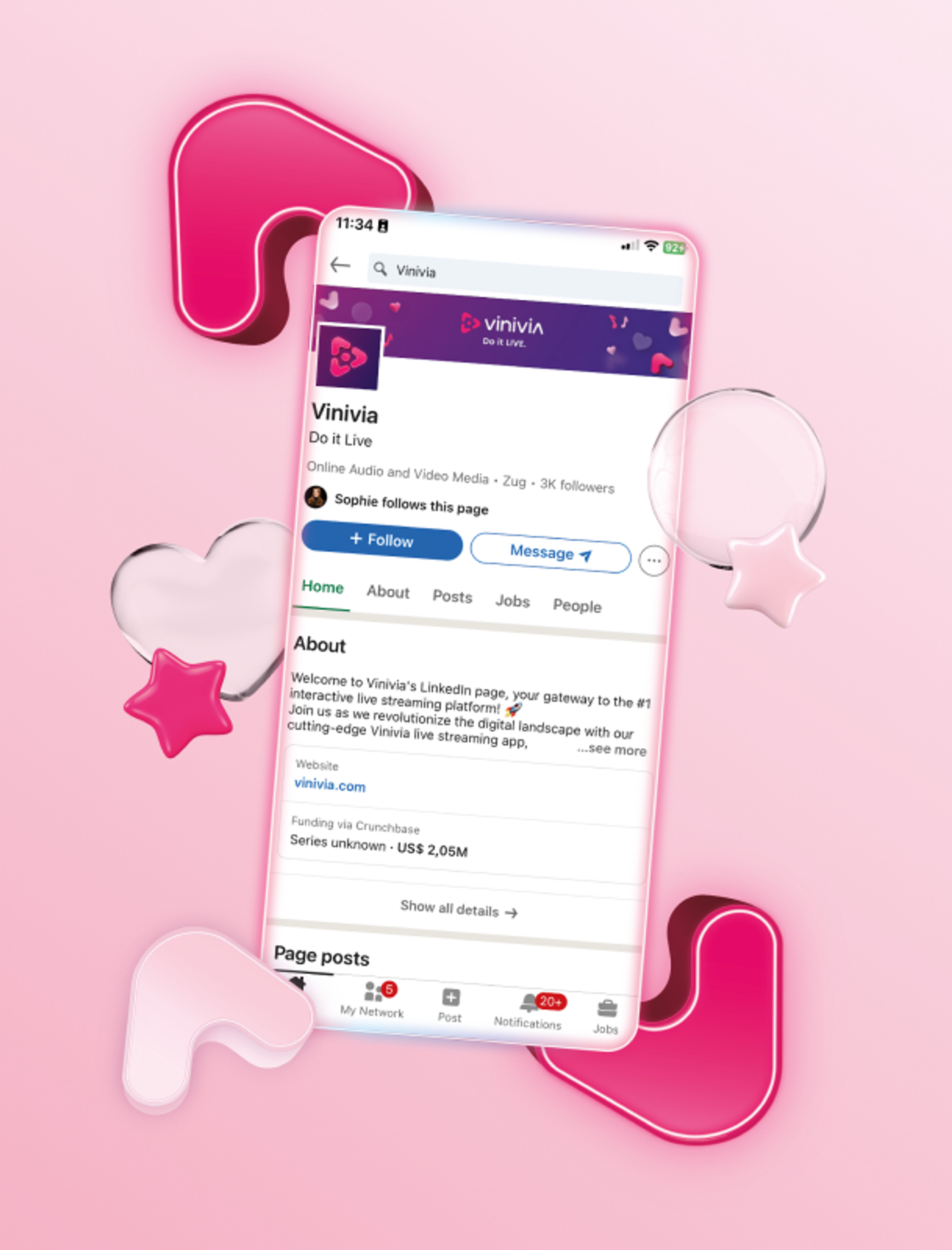 Social-Media-Darstellung der Vinivia LinkedIn-Seite auf einem Smartphone mit interaktiven 3D-Icons wie Herzen, Sternen und Kamera-Elementen – Unerwartet Design