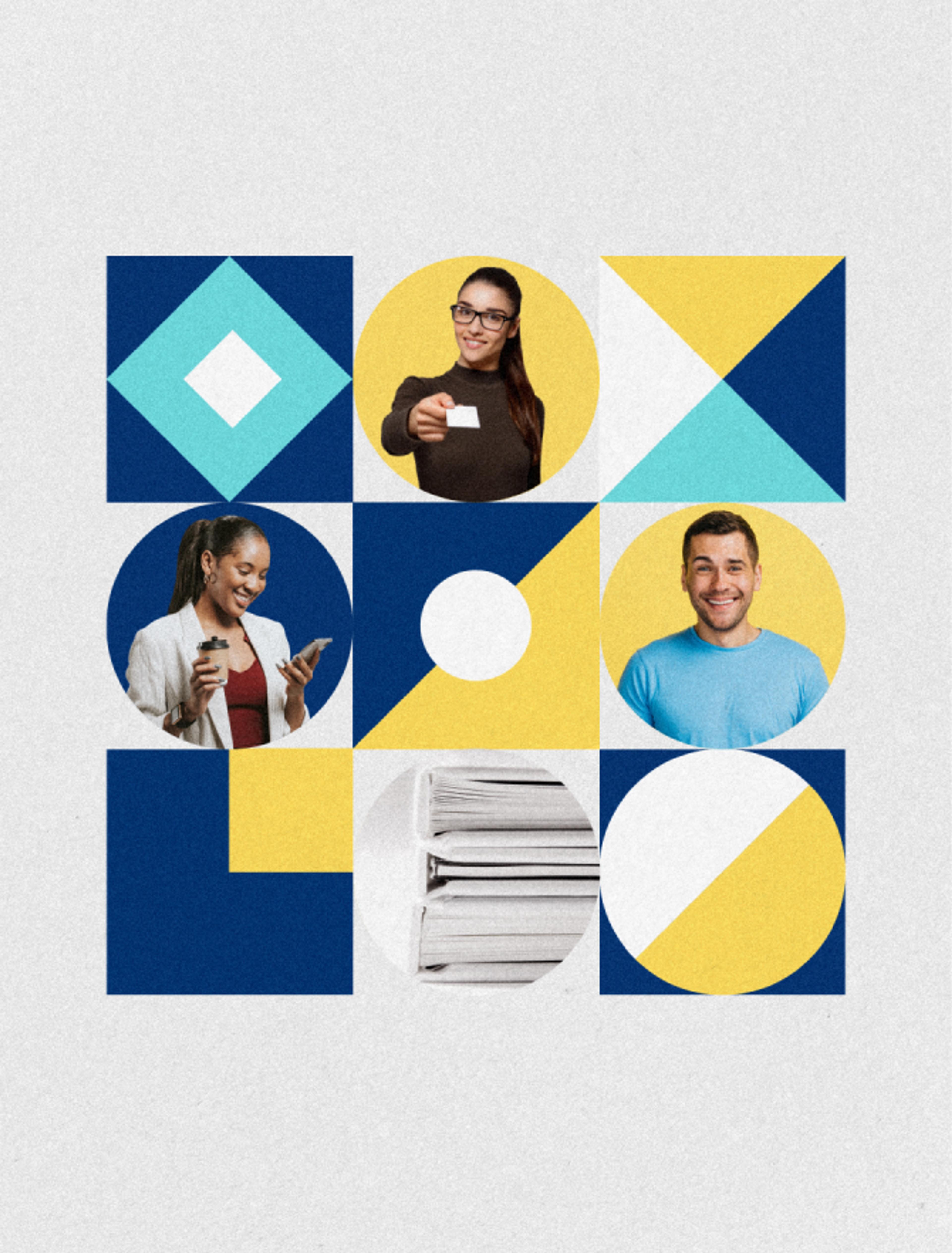 Eine visuelle Komposition für mfgprint mit abstrakten Formen und Bildern von Menschen, die Printprodukte in Szene setzen.