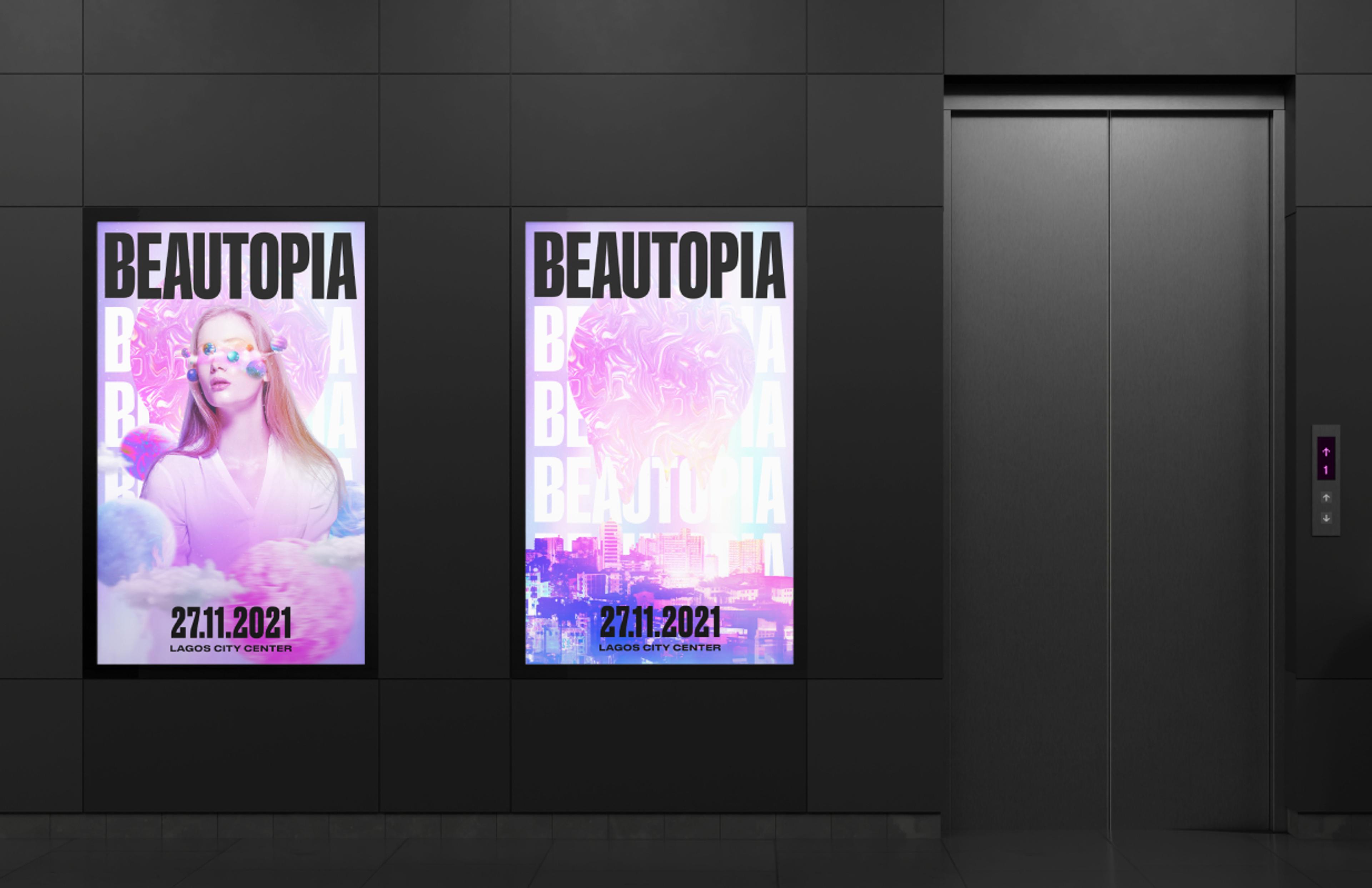 “Event-Poster-Design für Beautopia, das eine Kombination aus modernen Farben und femininem Branding zeigt. Perfekt gestaltet von Unerwartet Design, um Aufmerksamkeit auf der Beauty-Convention in Lagos zu schaffen.”