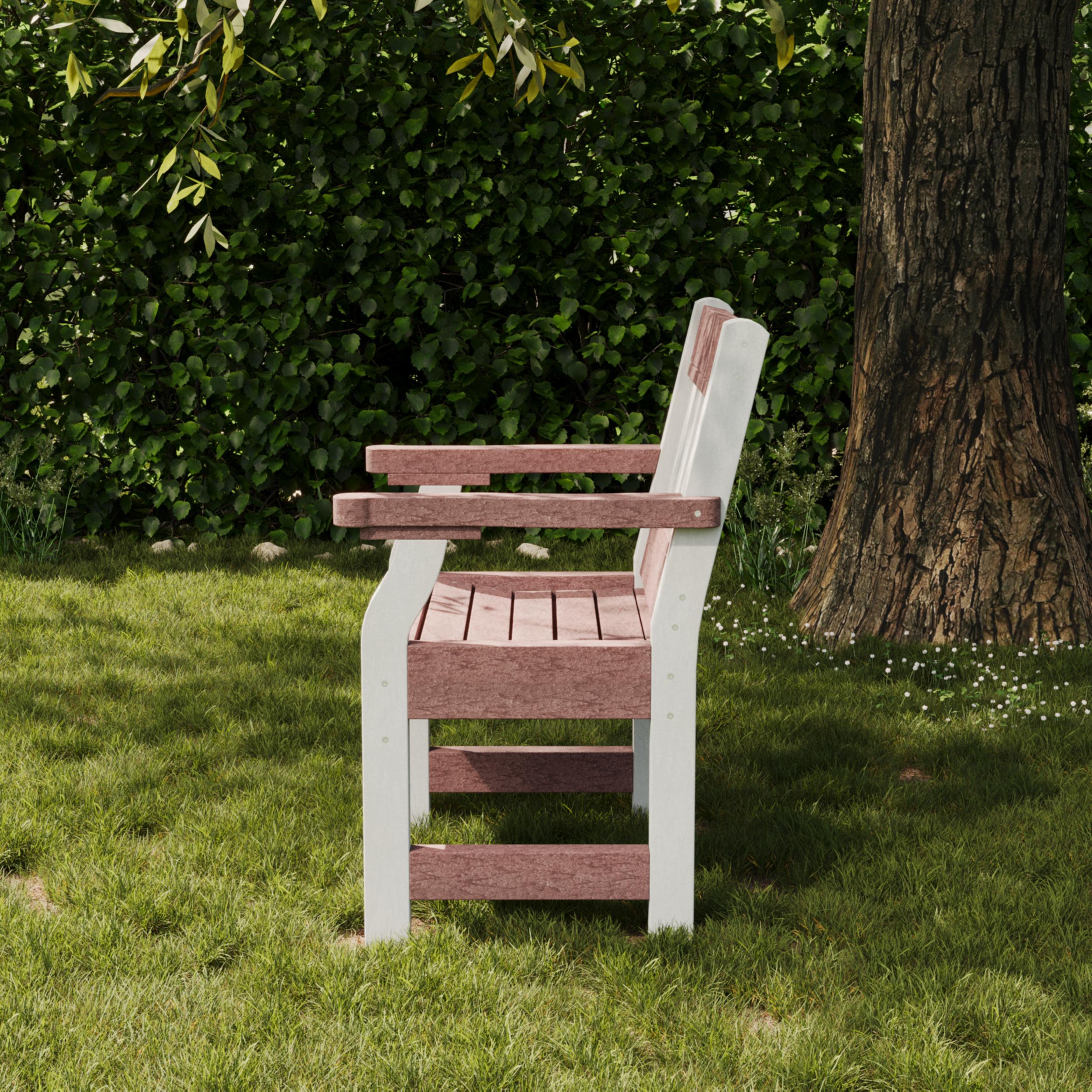 Wildridge Heritage outdoor bench chair in white and red poly lumber, eco-friendly weatherproof seating for porch, balcony, or garden gatherings