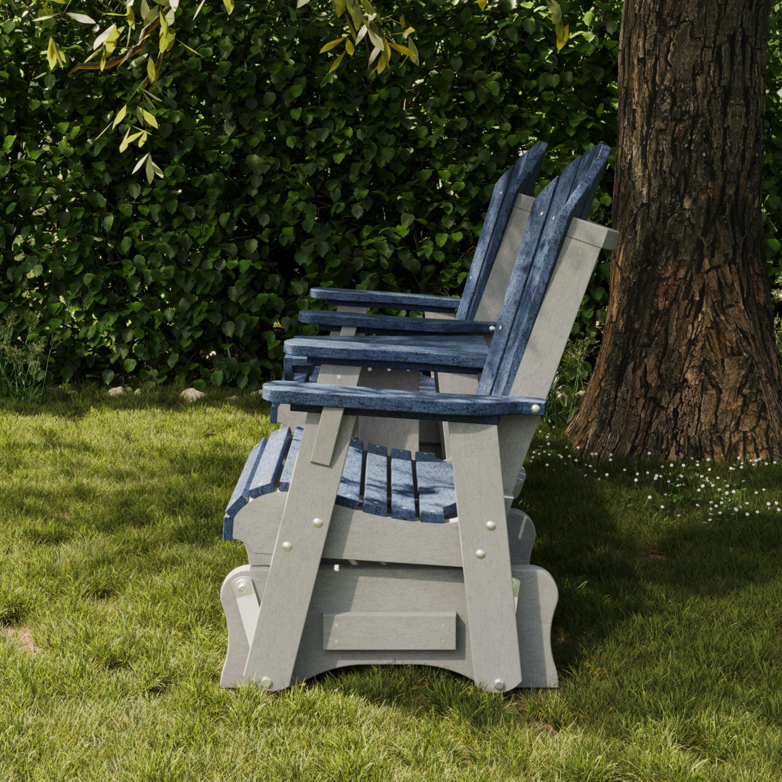 Gray and navy two-seat poly glider from Wildridge Heritage, eco-friendly outdoor bench seating for patios, decks, and backyard gatherings.