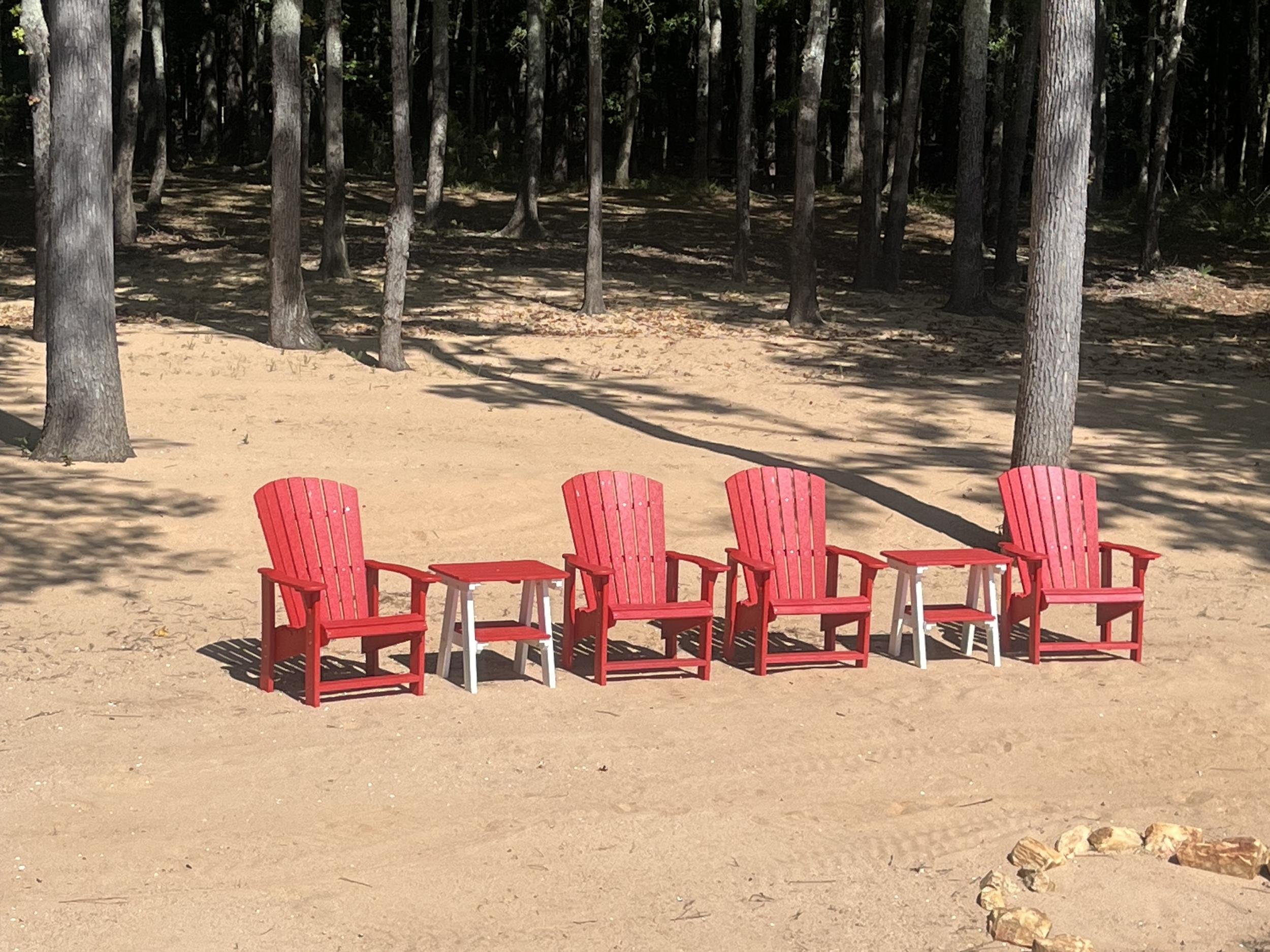 LCC-112 Upright Adirondack Chairs in Cardinal Red with LCC-120 Two-Tier End Tables