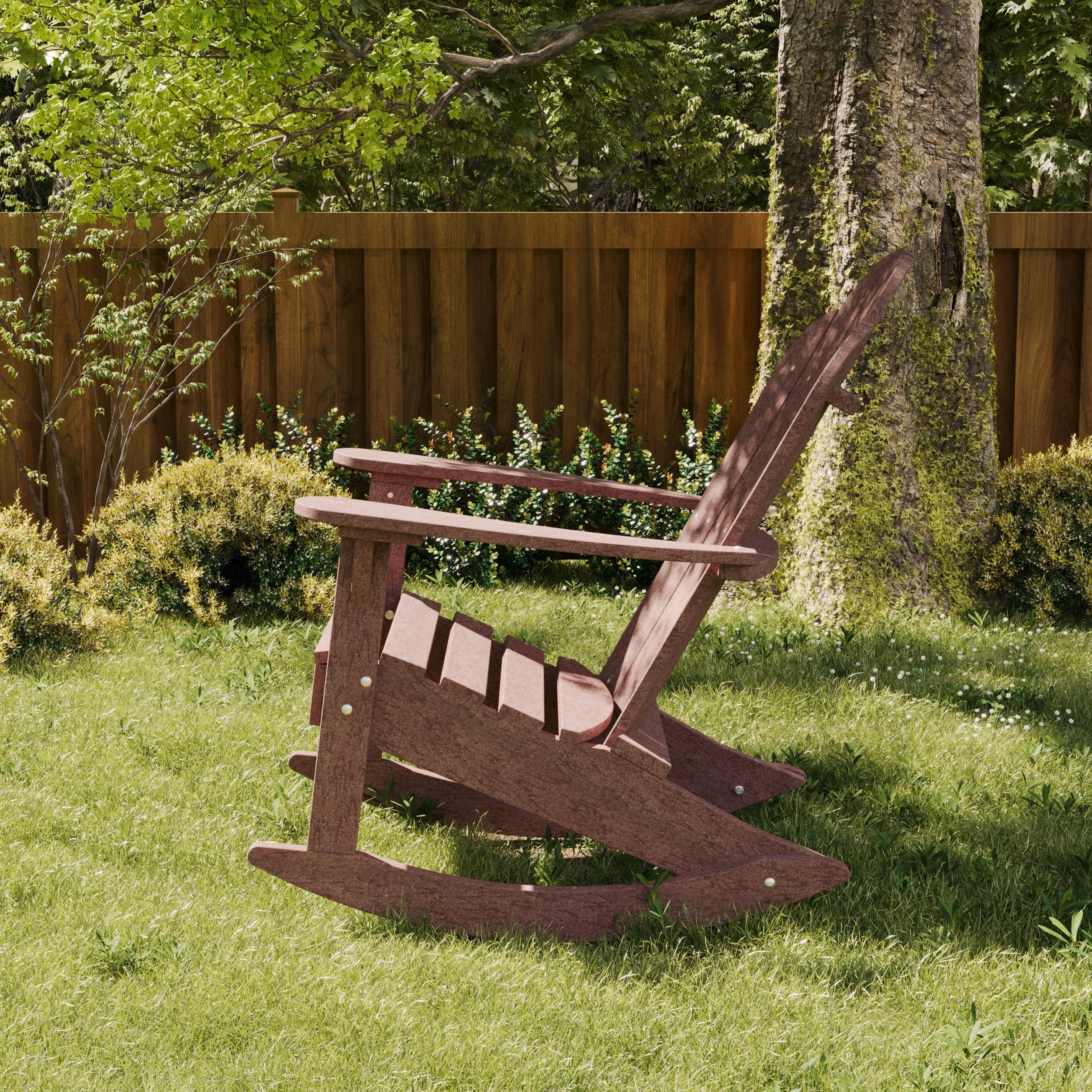 Wildridge Classic outdoor rocking chair in cedar brown poly lumber, fade-resistant and low-maintenance patio furniture for backyard, garden, or lakeside seating.