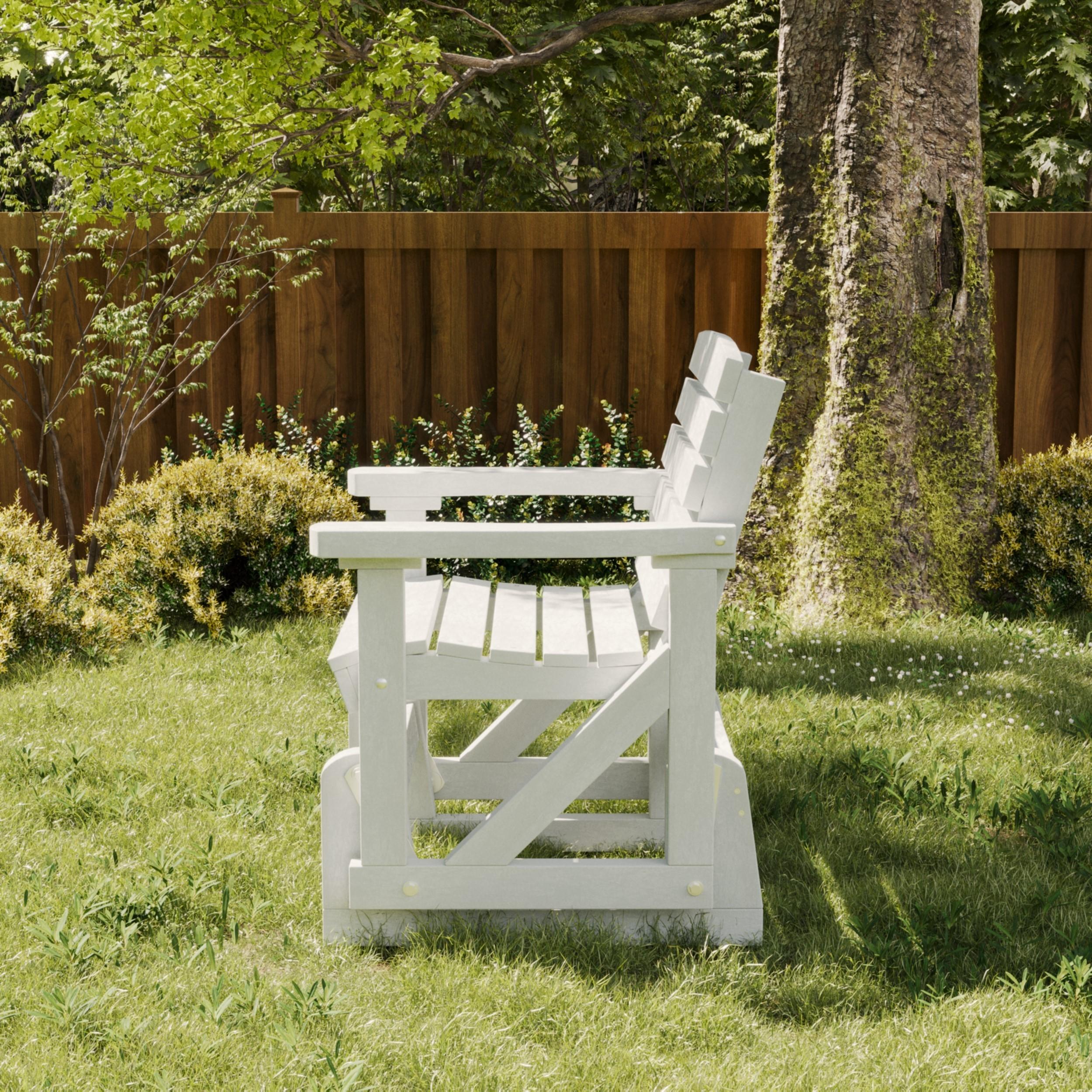 Wildridge Classic outdoor white poly lumber glider bench, fade-resistant and eco-friendly patio furniture for backyard, deck, or garden seating.