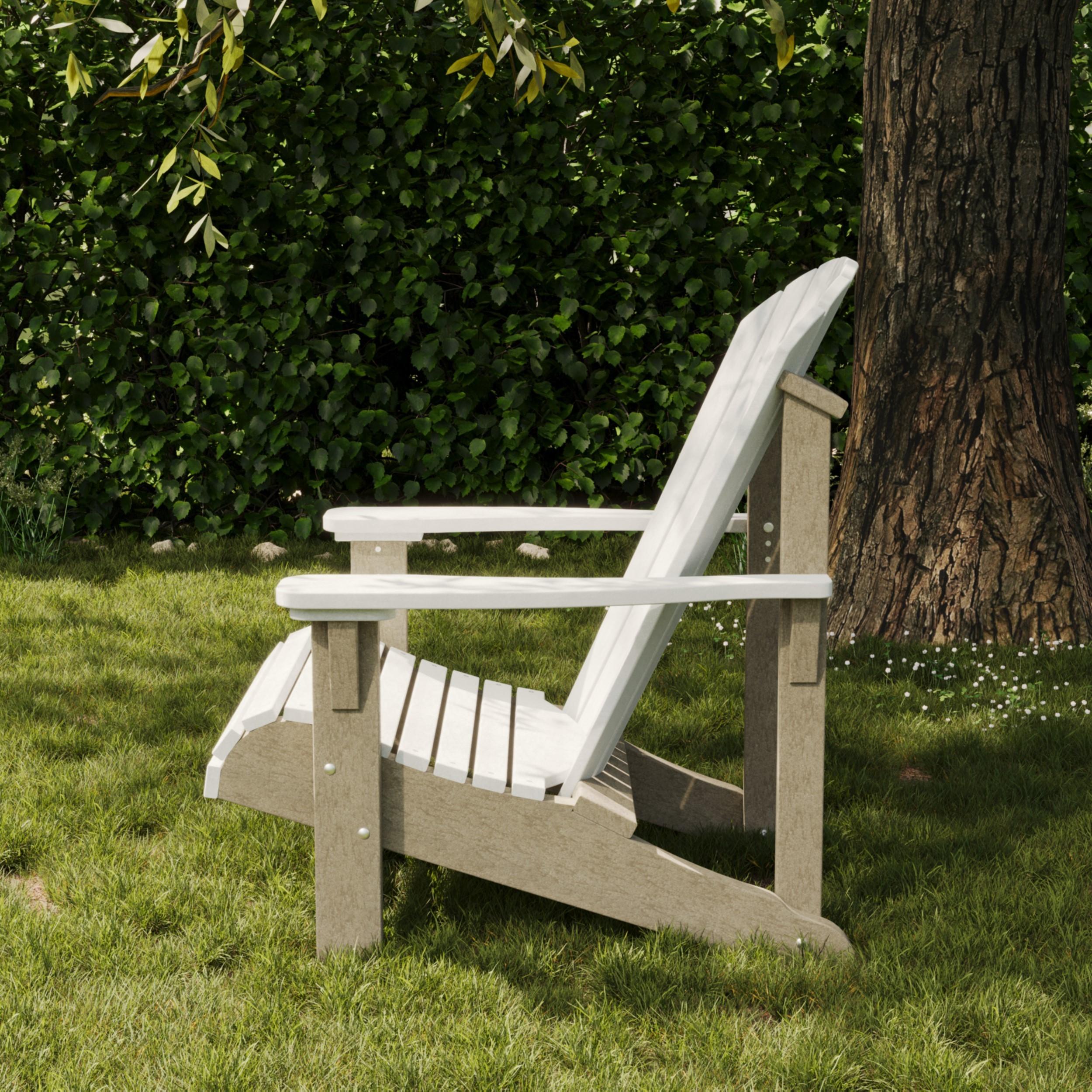 Wildridge Heritage Adirondack chair in white and weatherwood poly lumber, durable low-maintenance outdoor seating for patio, garden, balcony, or poolside relaxation.