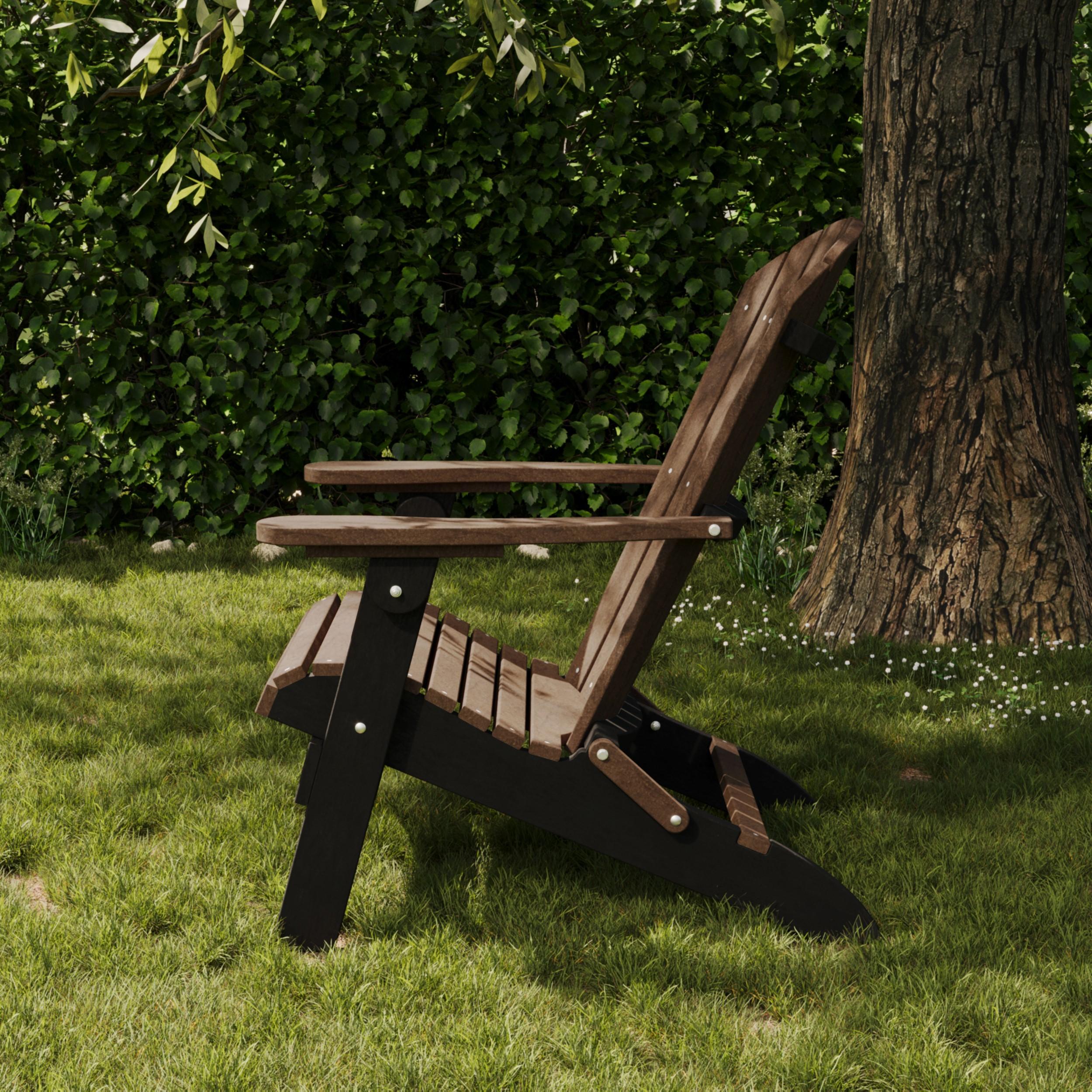 Wildridge Heritage Adirondack chair in brown and black poly lumber, durable weather-resistant outdoor seating for patio, lawn, or backyard relaxation.