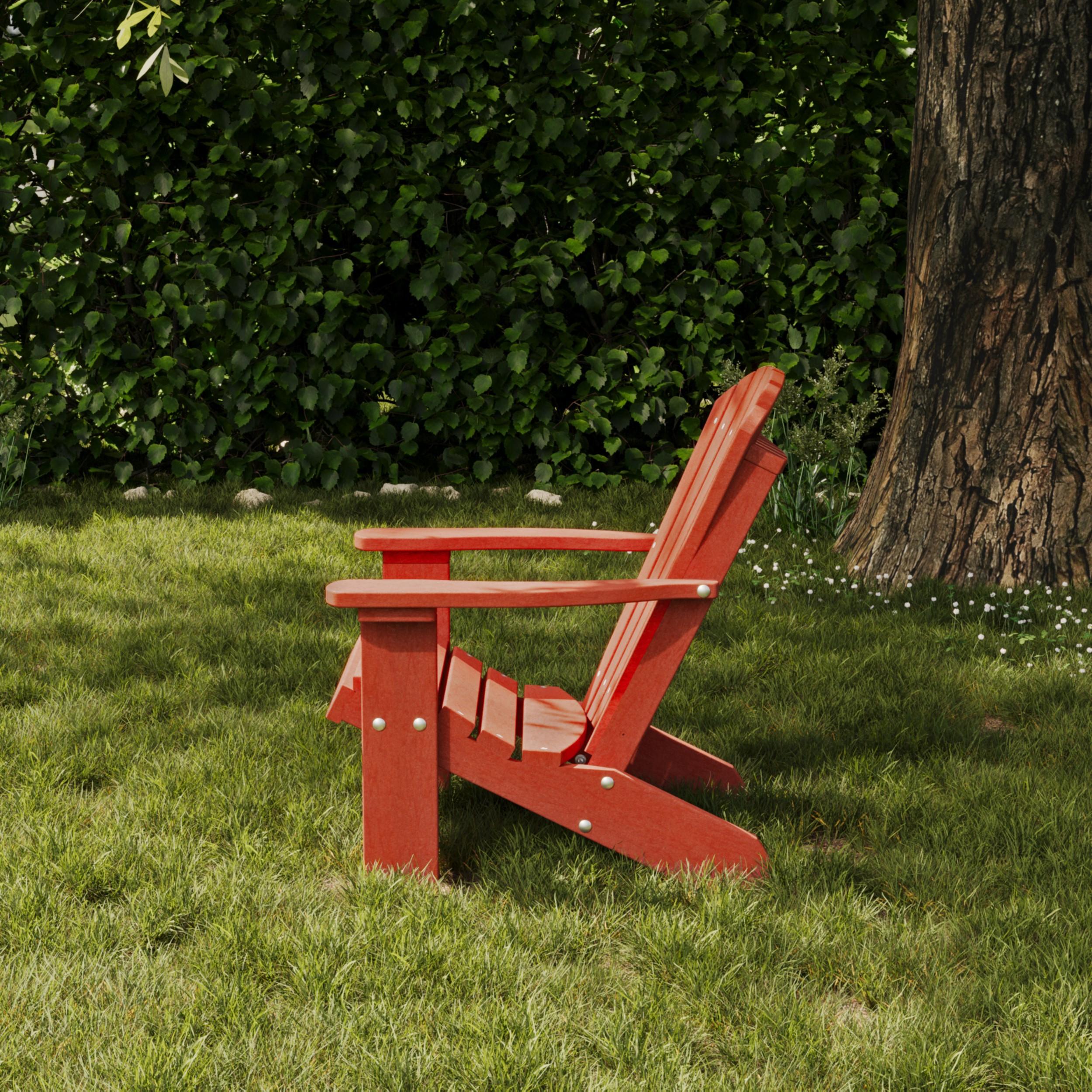 Wildridge Heritage Adirondack chair in bright red poly lumber, fade-resistant outdoor furniture perfect for patio, lake house deck, or garden seating.