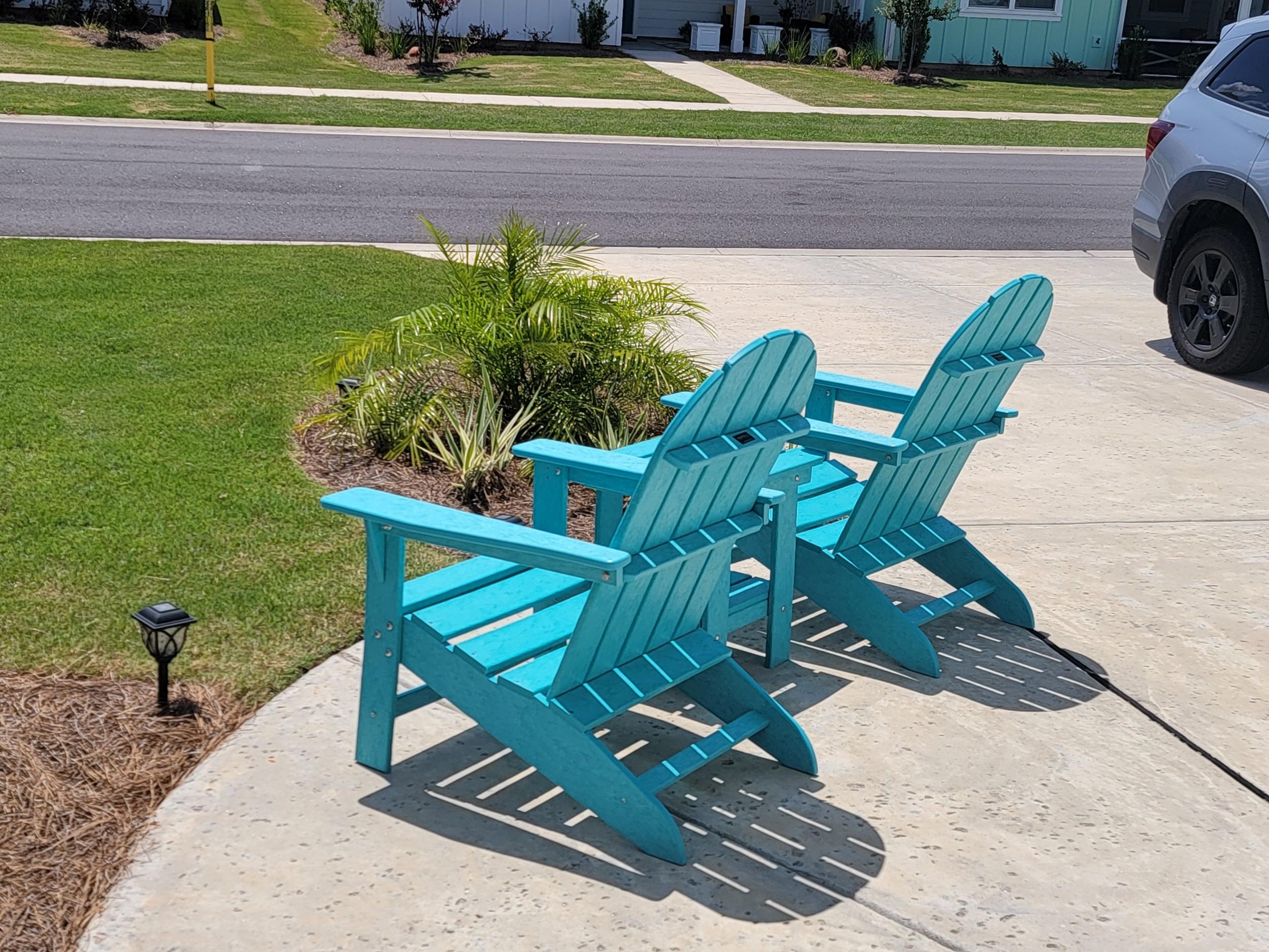 LCC-1276 Freedom 3-Piece Traditional Adirondack Set in Aruba Blue, angled view outdoors