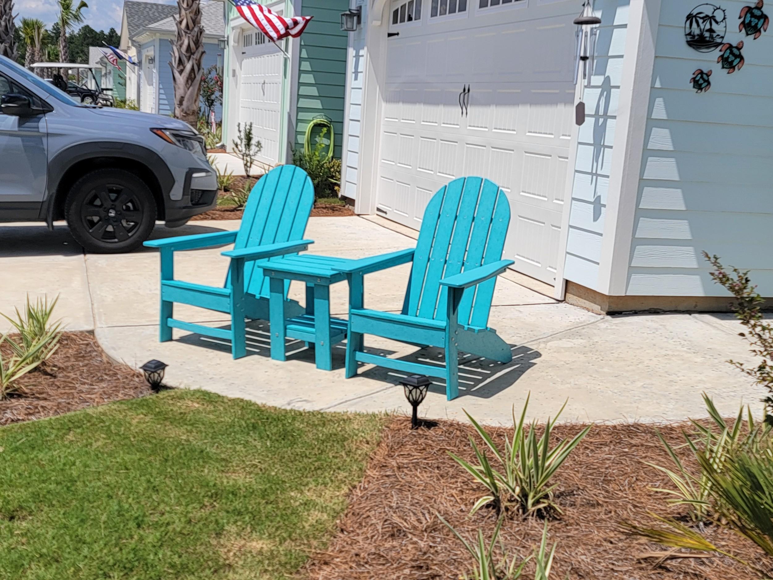 LCC-1276 Freedom 3-Piece Traditional Adirondack Set in Aruba Blue, yard view by driveway
