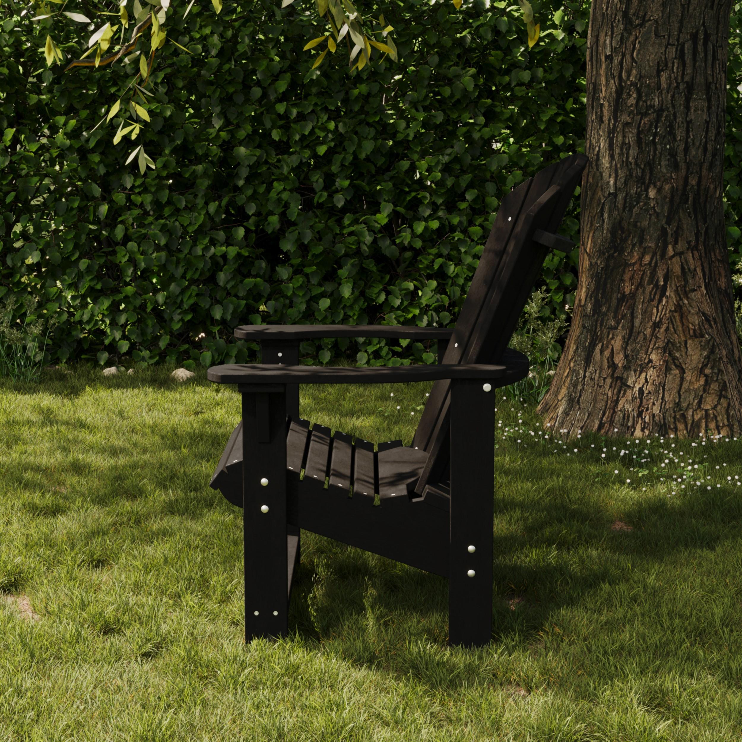 Black Wildridge Heritage Adirondack chair made of durable poly lumber, low-maintenance outdoor seating ideal for balcony, poolside, or backyard relaxation.