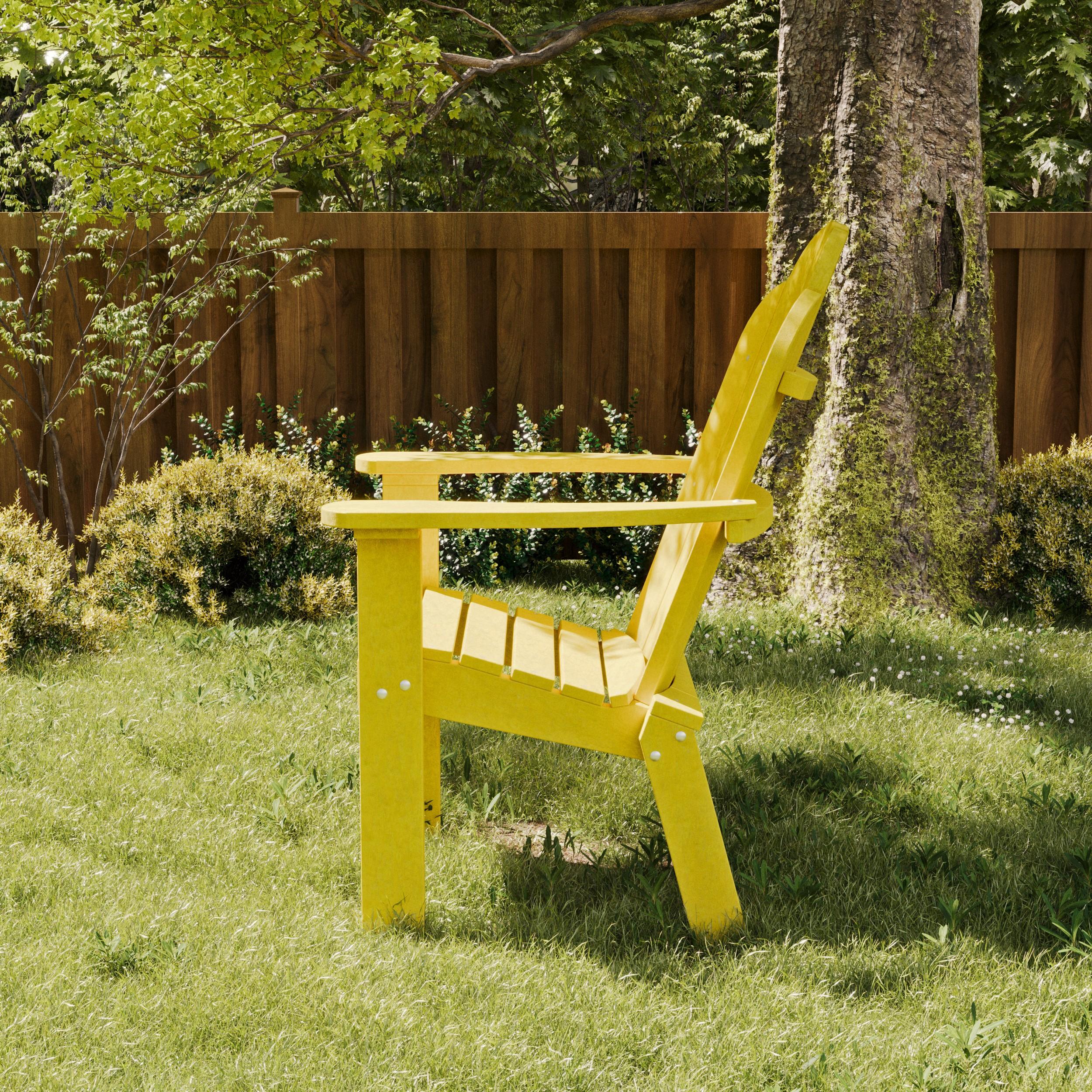 Wildridge Classic Adirondack chair in vibrant yellow poly lumber, all-weather outdoor seating for patio, poolside, or beach house deck.
