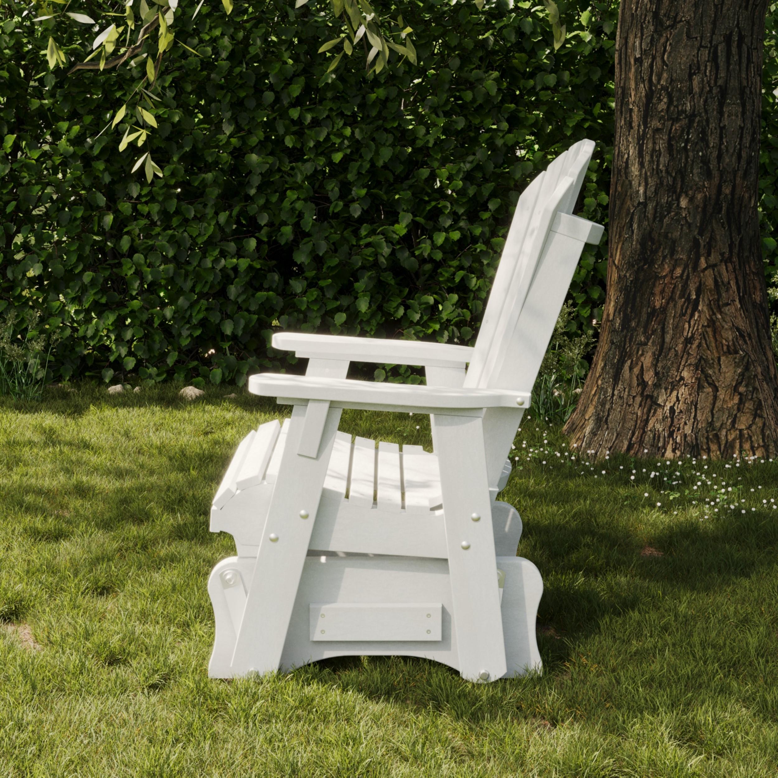 Wildridge Heritage white outdoor poly lumber glider chair, weather-resistant and low-maintenance patio seating for backyard, porch, or garden relaxation.