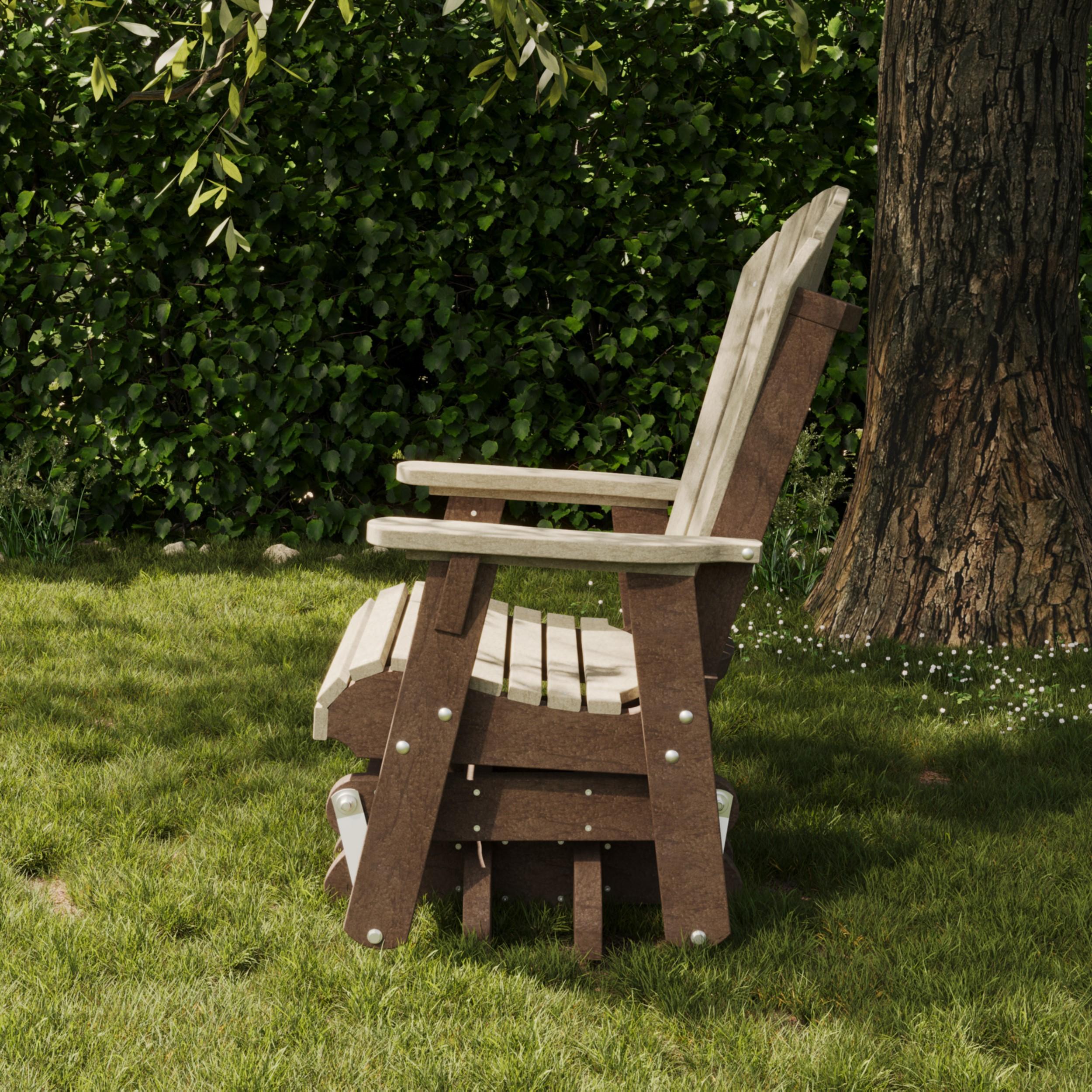 Wildridge Heritage outdoor poly lumber glider chair in brown and weatherwood, durable weather-resistant patio seating for backyard, porch, or garden relaxation.