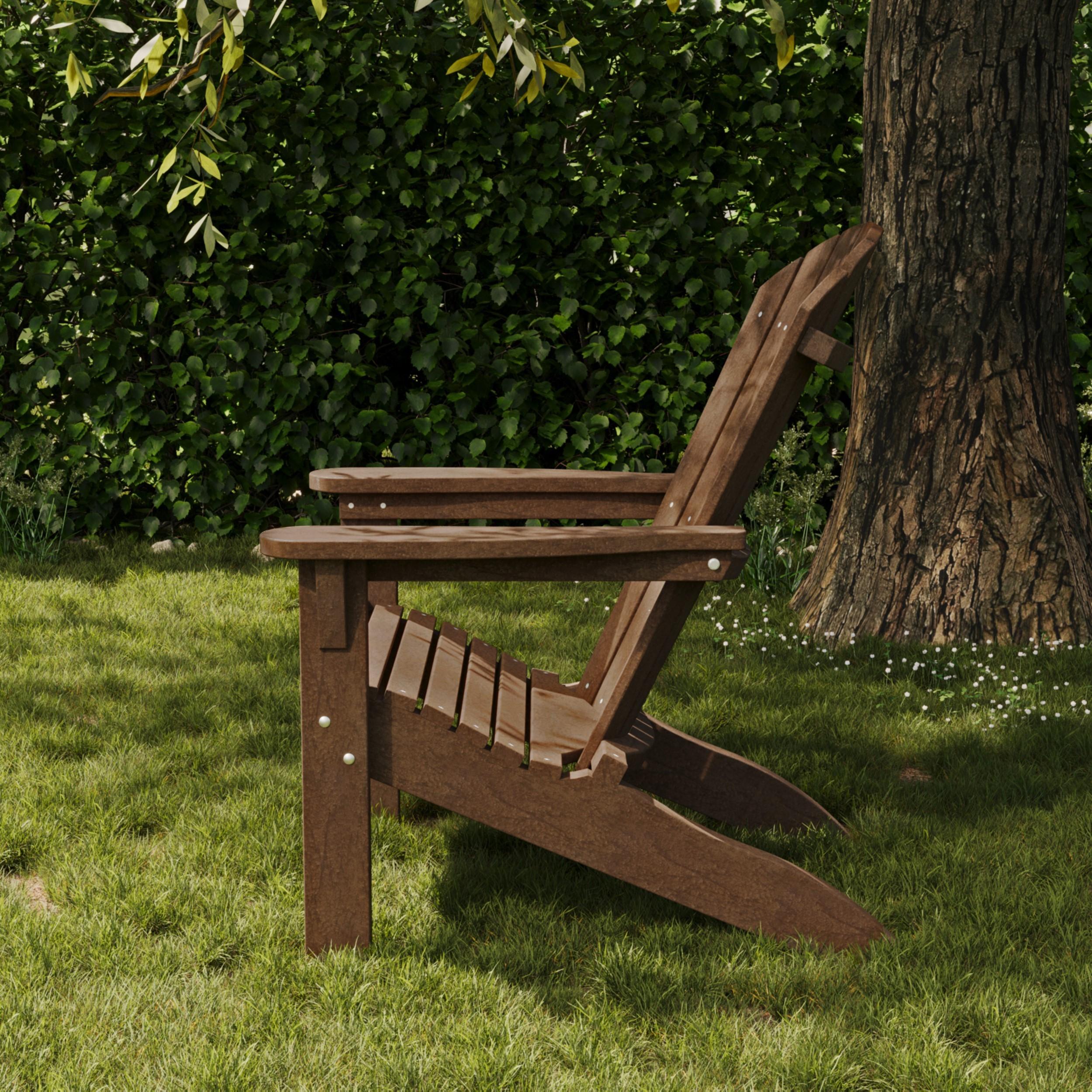 Wildridge Heritage Adirondack chair in solid brown poly lumber, eco-friendly weather-resistant outdoor furniture for patio, cabin deck, or backyard lounging.