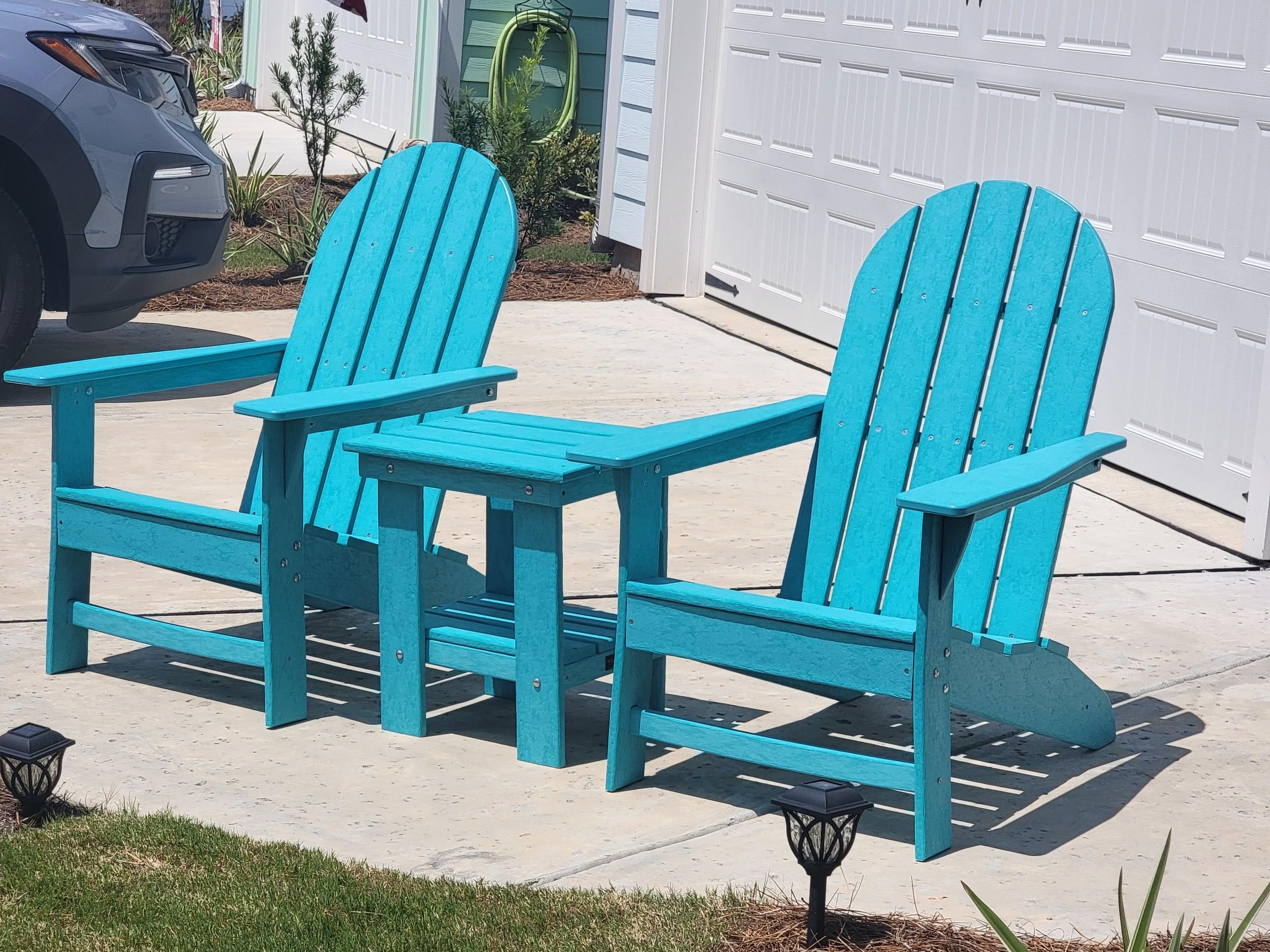 LCC-1276 Freedom 3-Piece Traditional Adirondack Set in Aruba Blue, front view on driveway