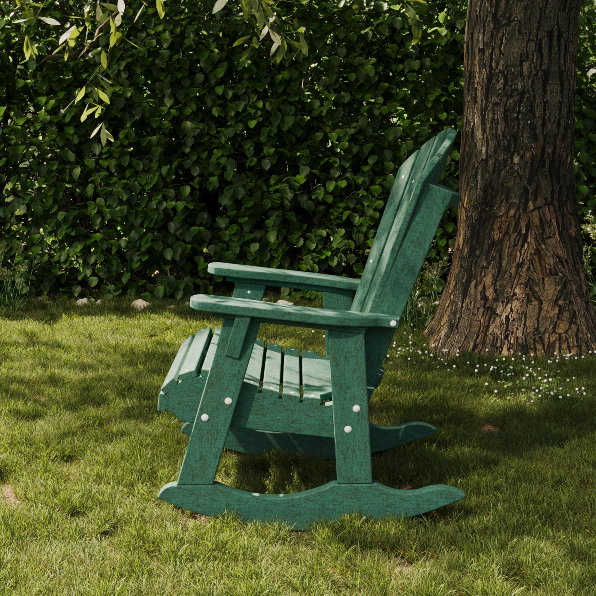 Wildridge Heritage outdoor rocking chair in evergreen poly lumber, weather-resistant patio furniture for garden, porch, or lakeside relaxation.