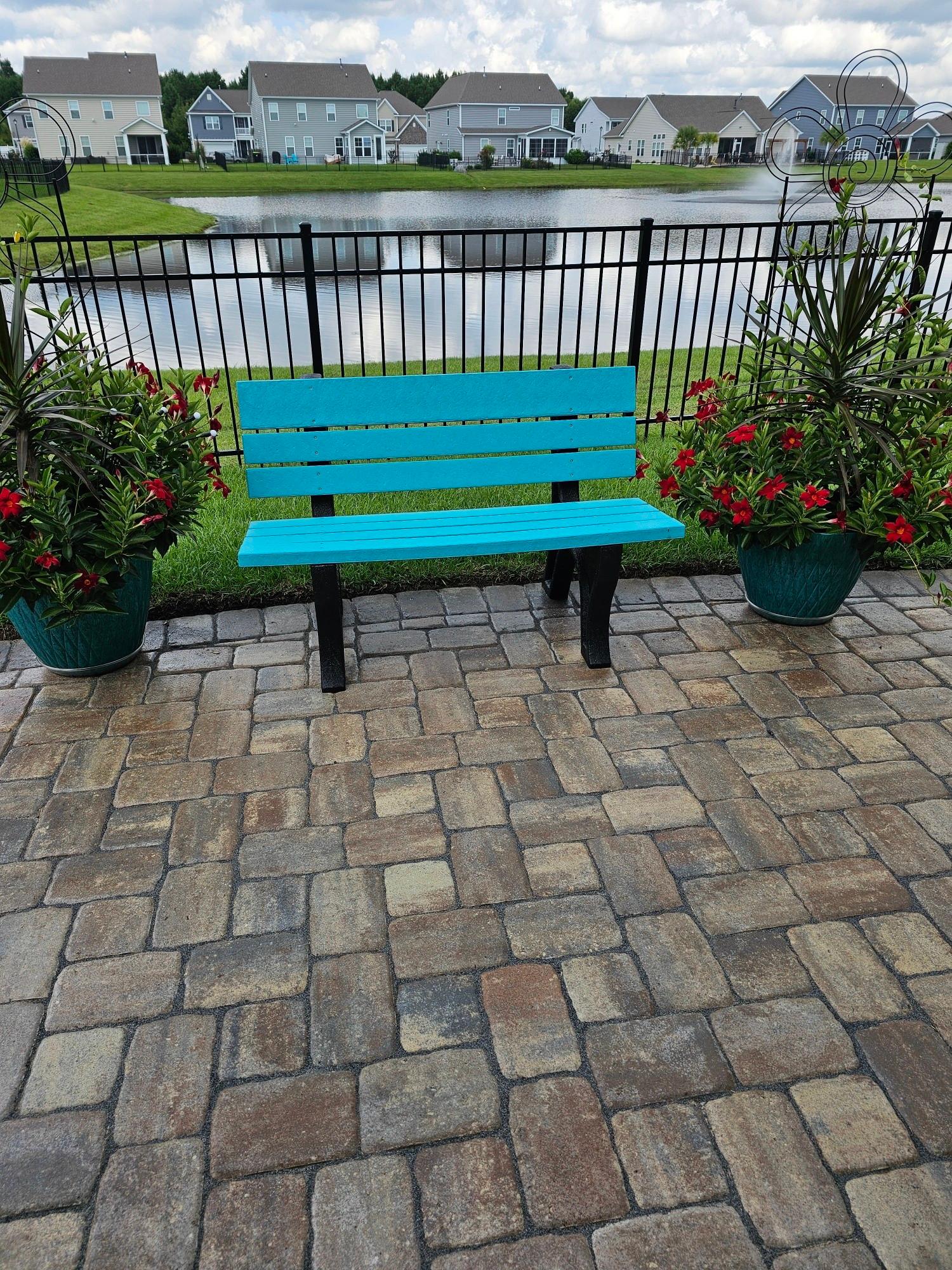 LCC-125-4 Heritage 4ft Park Bench in Aruba Blue by lake