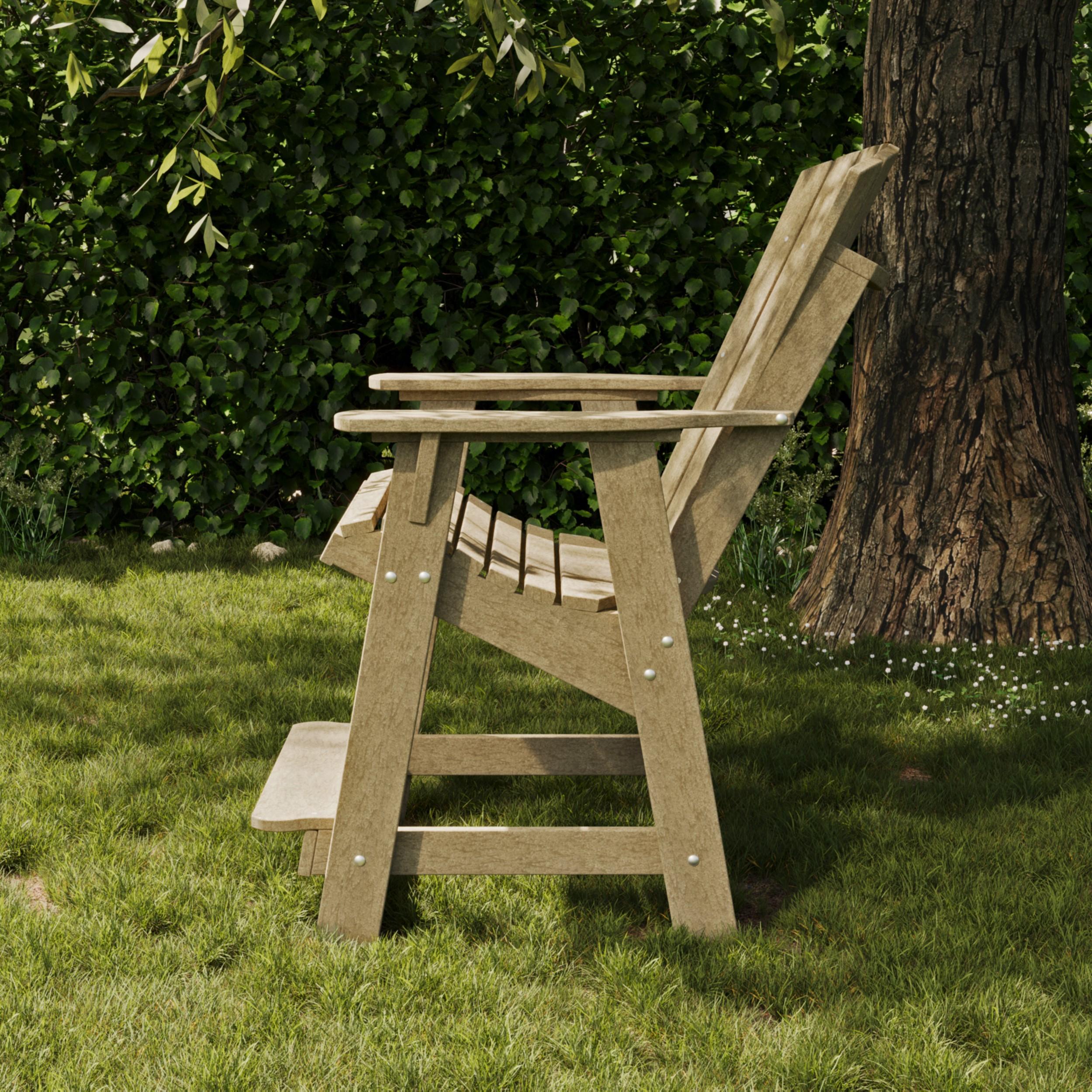 Wildridge Heritage high-back Adirondack chair in weatherwood poly lumber, durable low-maintenance outdoor seating for patio, deck, or fire pit area.