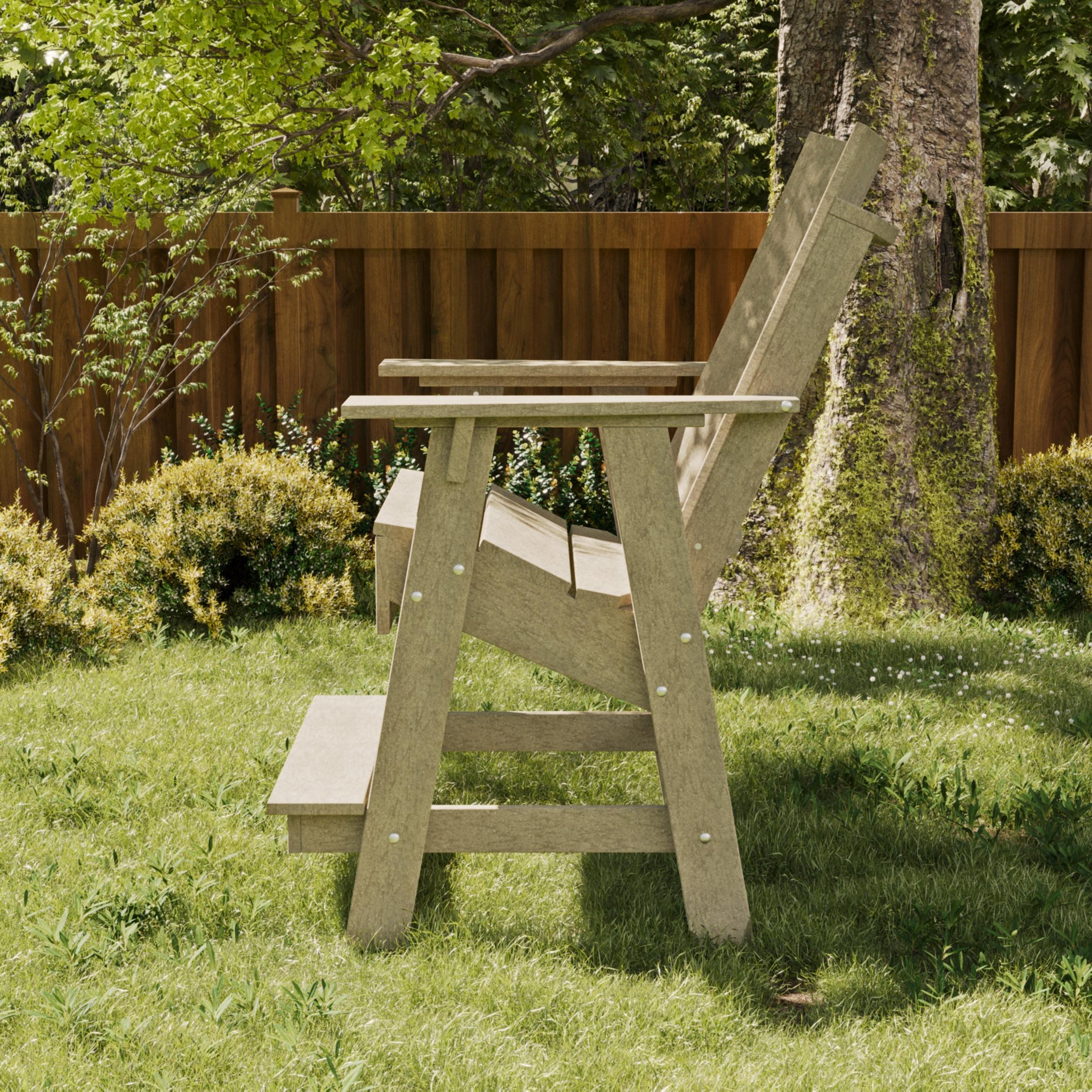 Wildridge contemporary tan poly outdoor glider chair on a grassy lawn near a tree and wooden fence, designed for durable and comfortable seating.