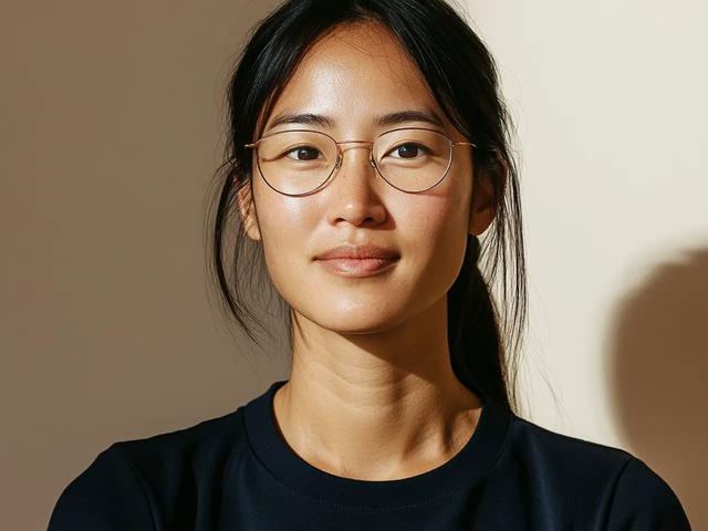 a woman wearing glasses and a black shirt is looking at the camera .