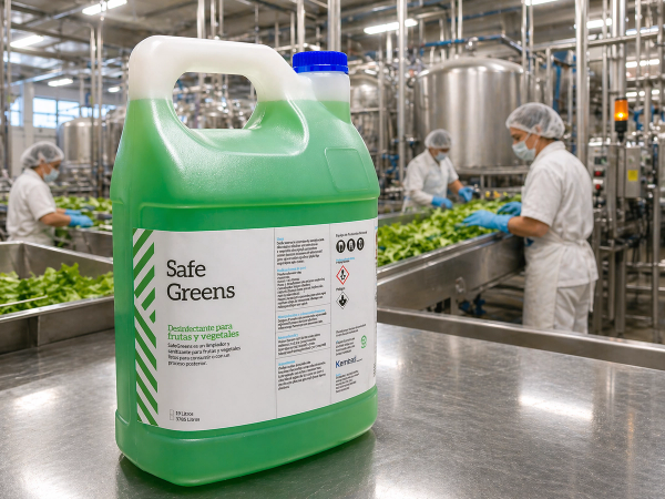 Galón que contiene el producto Safe Greens, de color verde, que contiene toda su información en la etiqueta.