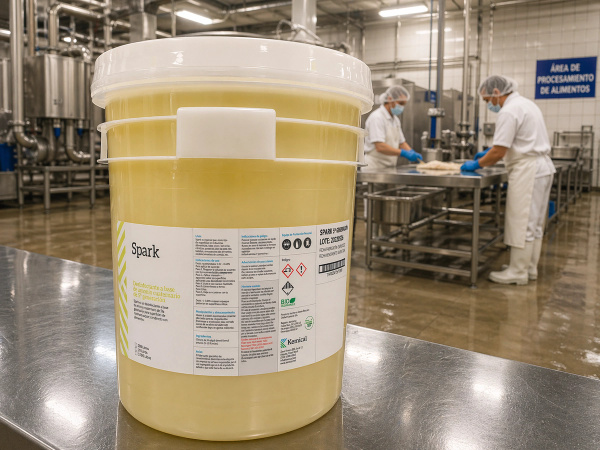 Galón que contiene el producto Spark, de color amarillo, con todos sus detalles en la etiqueta.
