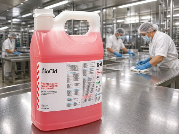 Galón que contiene el producto BioCid, de color rojo, que contiene toda su información en la etiqueta.