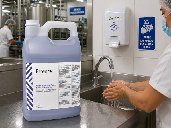 Galón que contiene el producto Essence, de color azul, que contiene toda su información en la etiqueta.