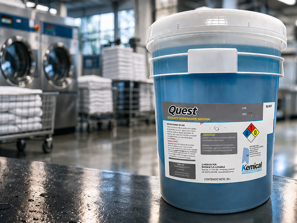 Galón que contiene el producto Quest, de color azul, que contiene toda su información en la etiqueta.
