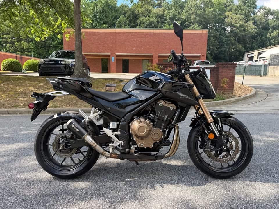 2023 Honda CB500F — right side profile with the Leo Vince exhaust