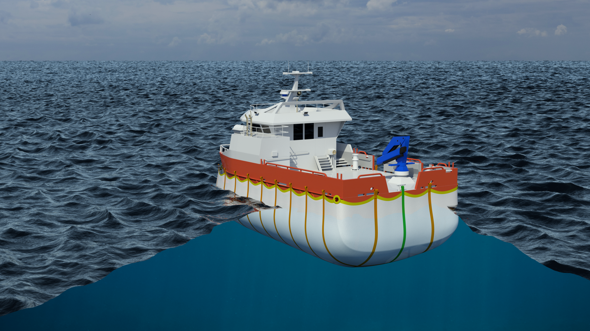 Illustration of a service vessel equipped with a hull-mounted disinfection skirt system, showing the submerged flexible barrier used to contain and control water during aquaculture operations at sea.
