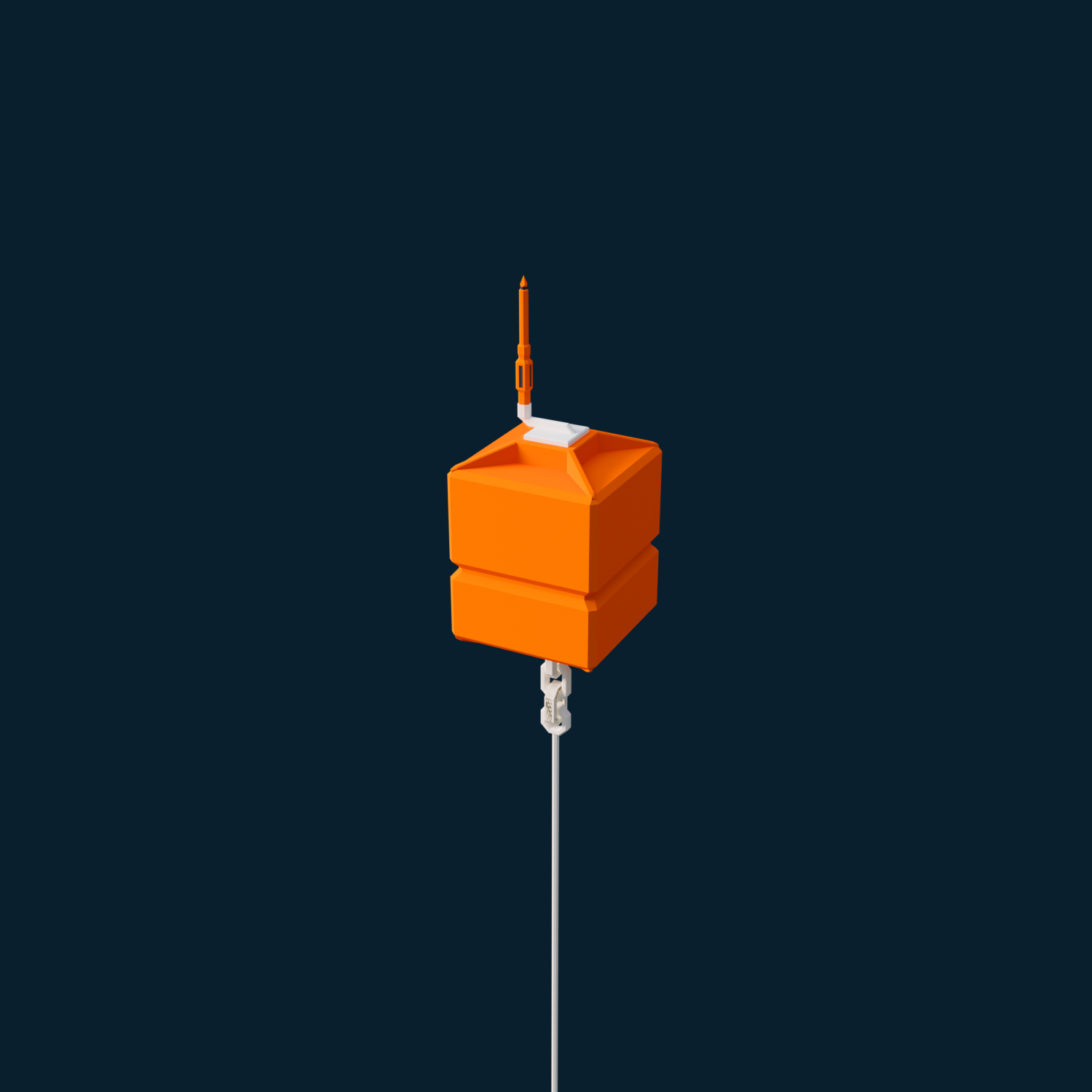 Orange marine mooring buoy with antenna and attached line, designed for positioning and securing aquaculture installations.