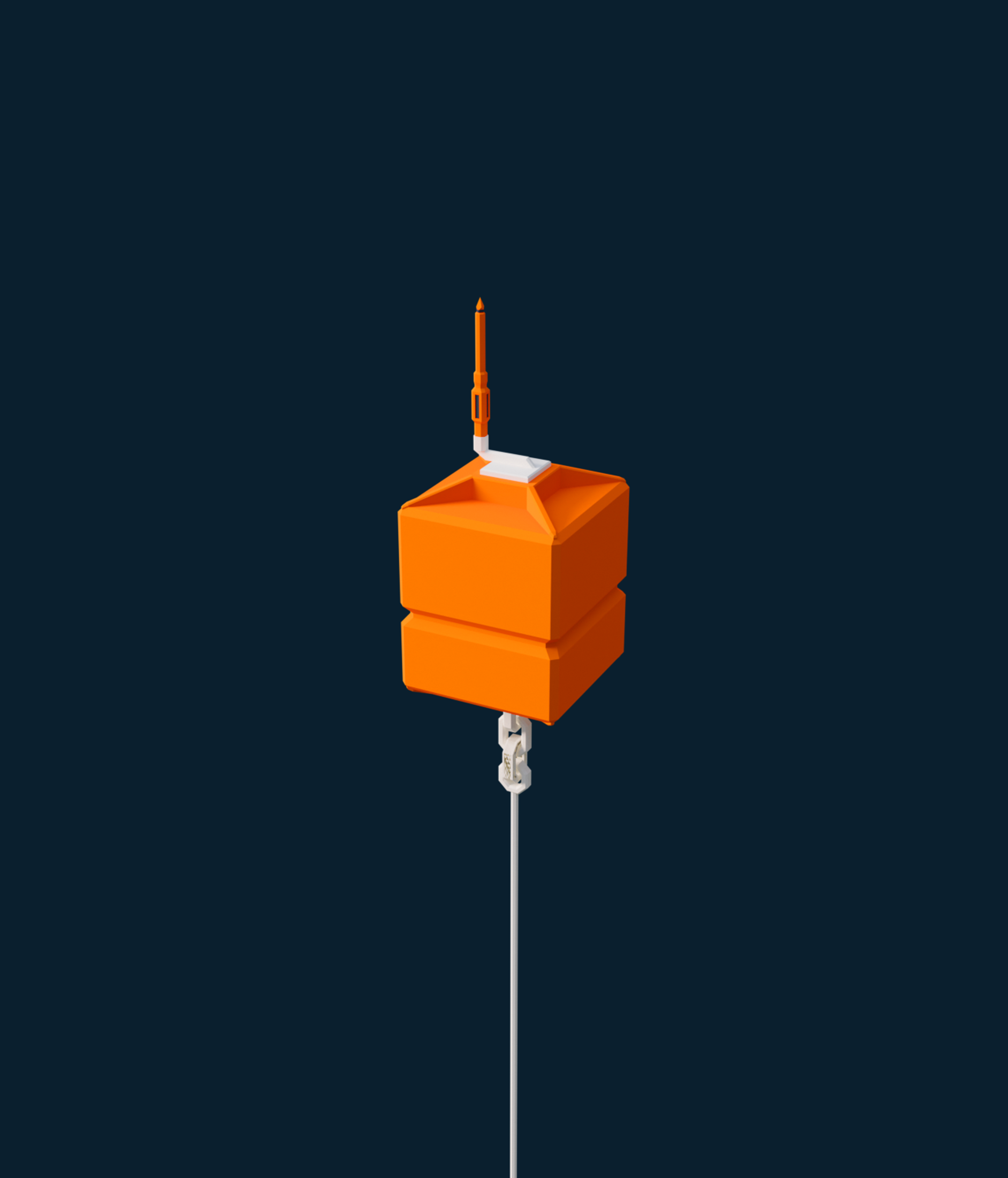 Orange marine mooring buoy with antenna and attached line, designed for positioning and securing aquaculture installations.
