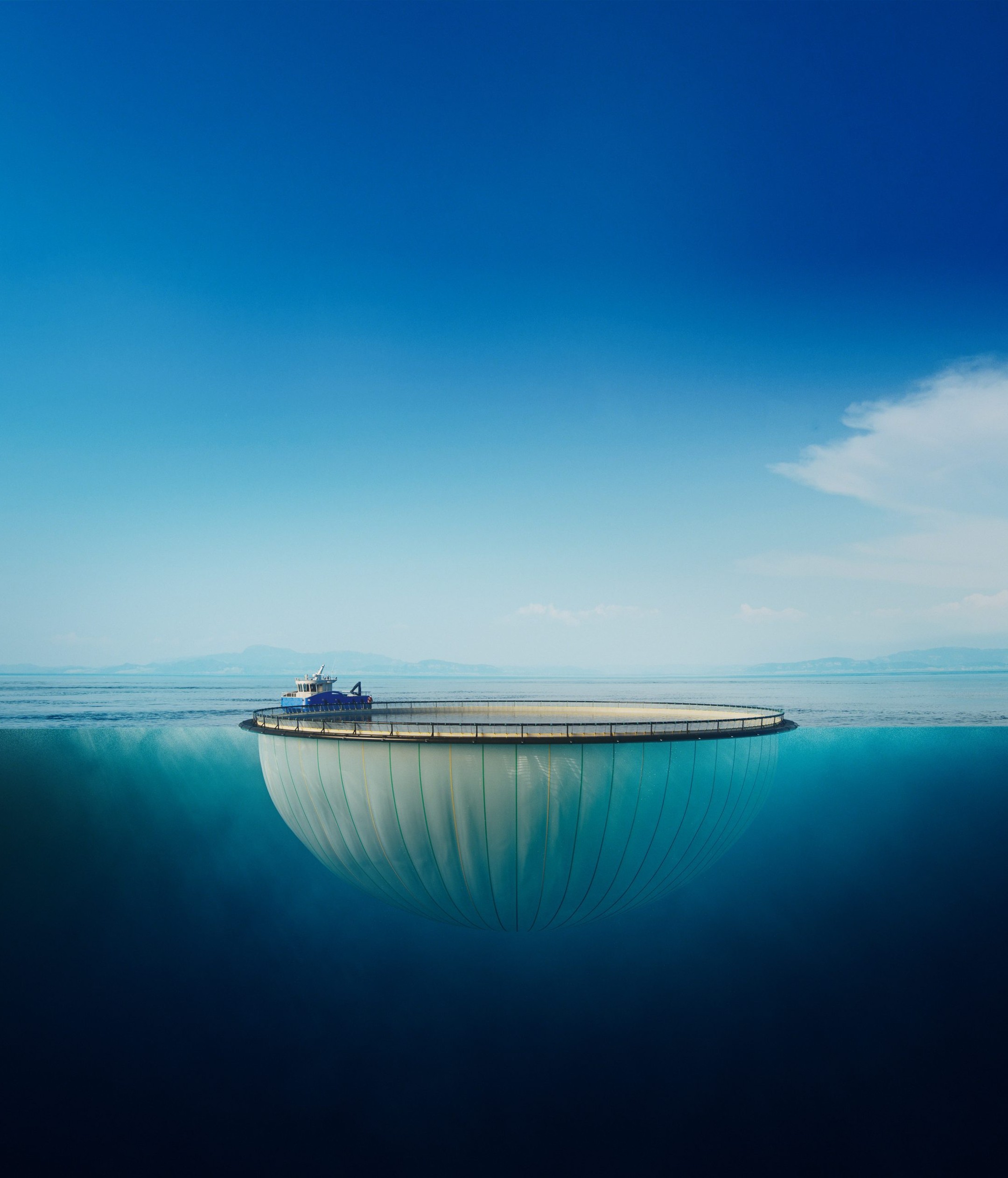 Side view of a circular delousing skirt suspended from a floating collar, showing the smooth, reinforced fabric designed to enclose the cage during delousing operations in aquaculture.