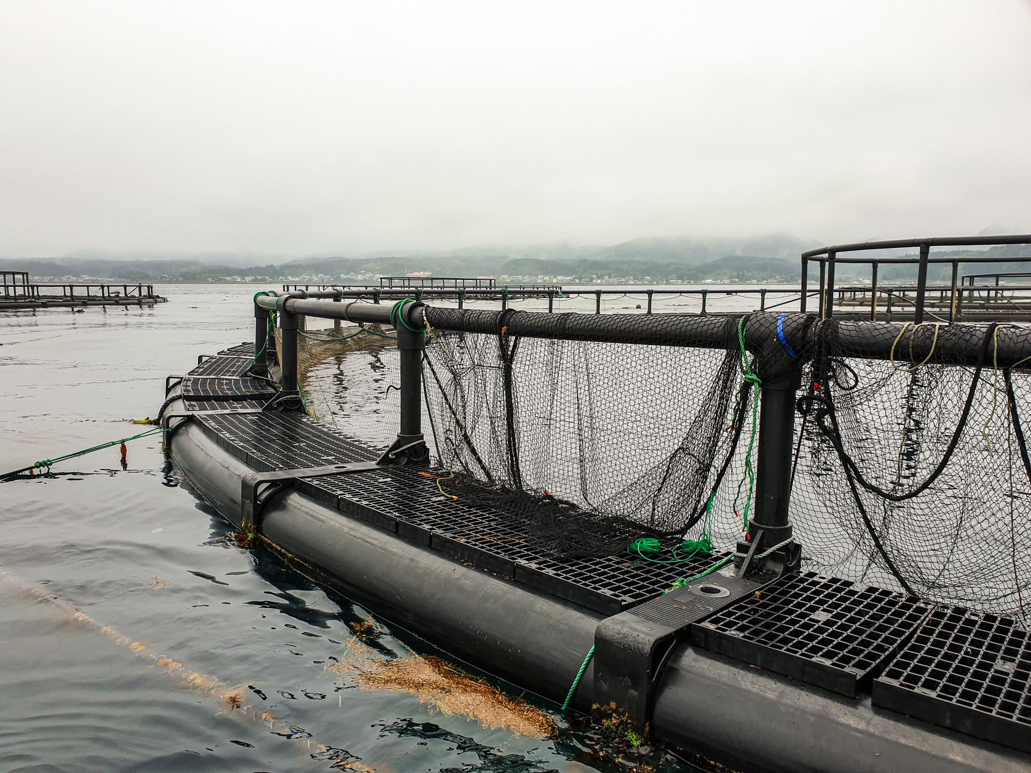 Close-up view of an HD450 fish farming pen showing robust brackets, wide walkway panels and integrated sinker tube sleeve designed for large aquaculture installations.