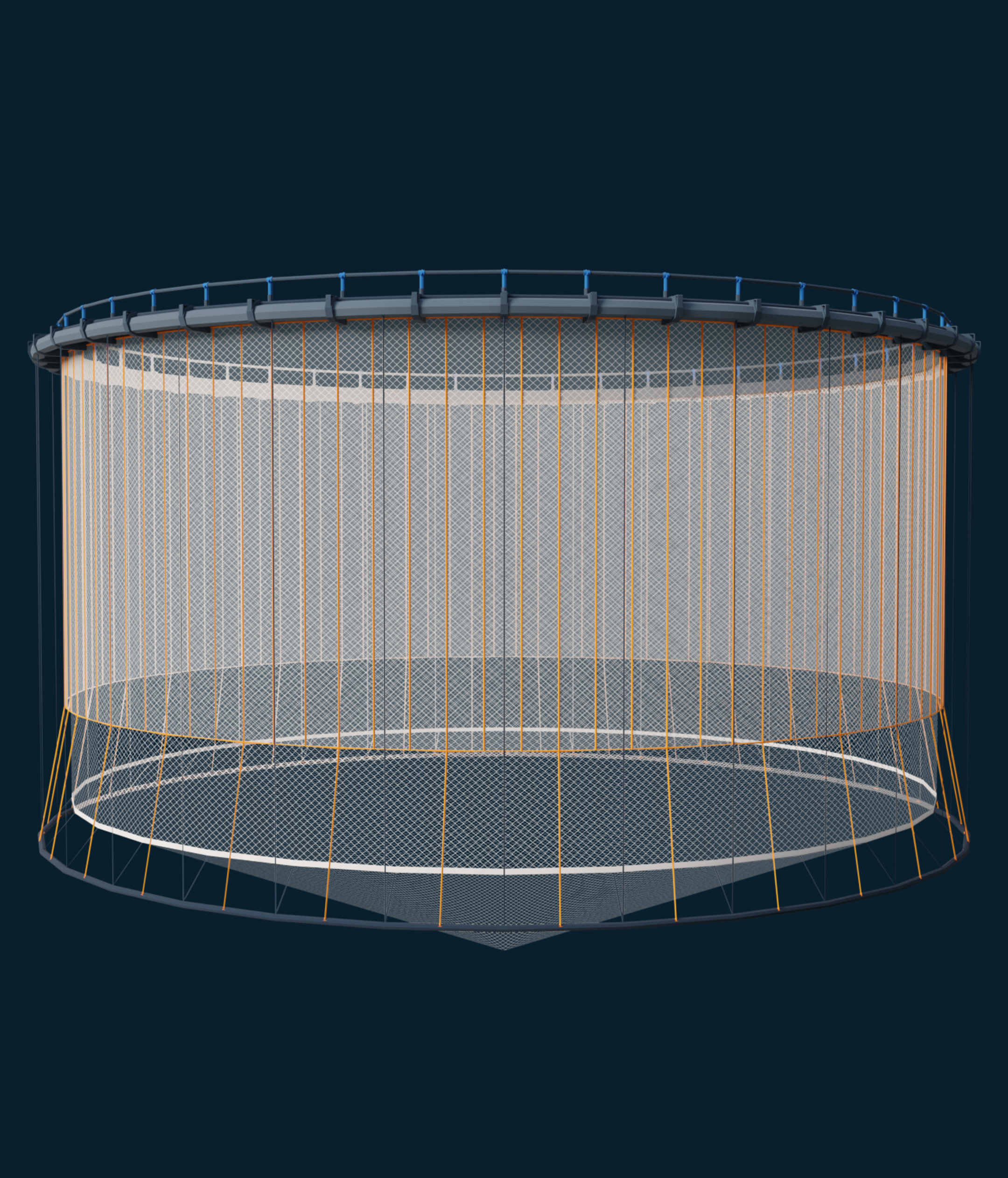 Integrated lice skirt mounted on a circular fish cage, engineered to reduce sea lice exposure while maintaining cage stability and water flow.