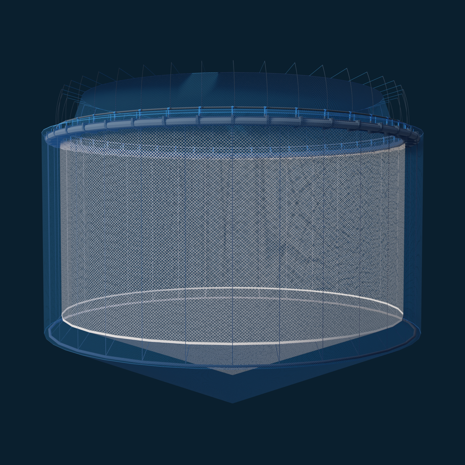 Transparent 3D illustration of a circular aquaculture cage with floating collar, net walls and conical bottom, highlighting structural design and integrated safety features.