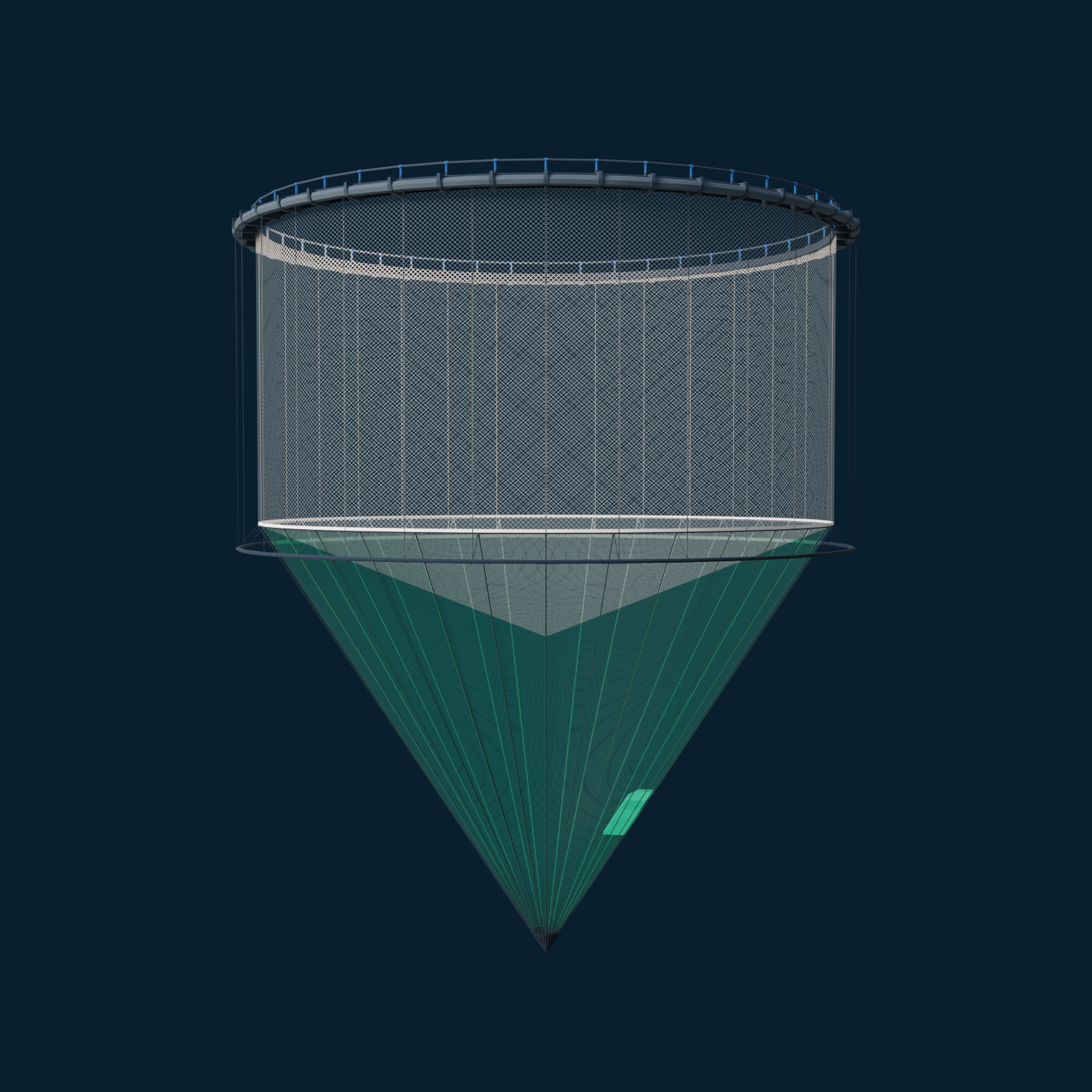 Illustration of a cylindrical aquaculture net with a conical bottom, shown in cross-section to highlight net geometry and structure.