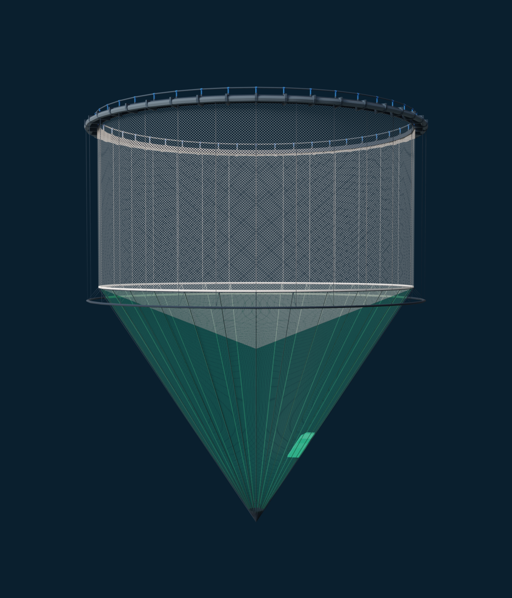 Illustration of a cylindrical aquaculture net with a conical bottom, shown in cross-section to highlight net geometry and structure.