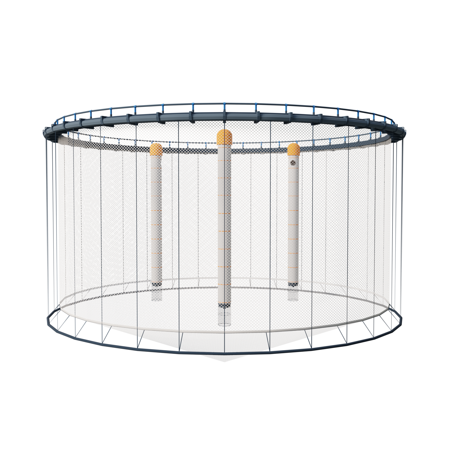 3D visualization of a semi-closed circular aquaculture cage with a floating collar, enclosed net walls, a conical bottom, and vertical internal pipes for water intake and circulation, shown against a black background.