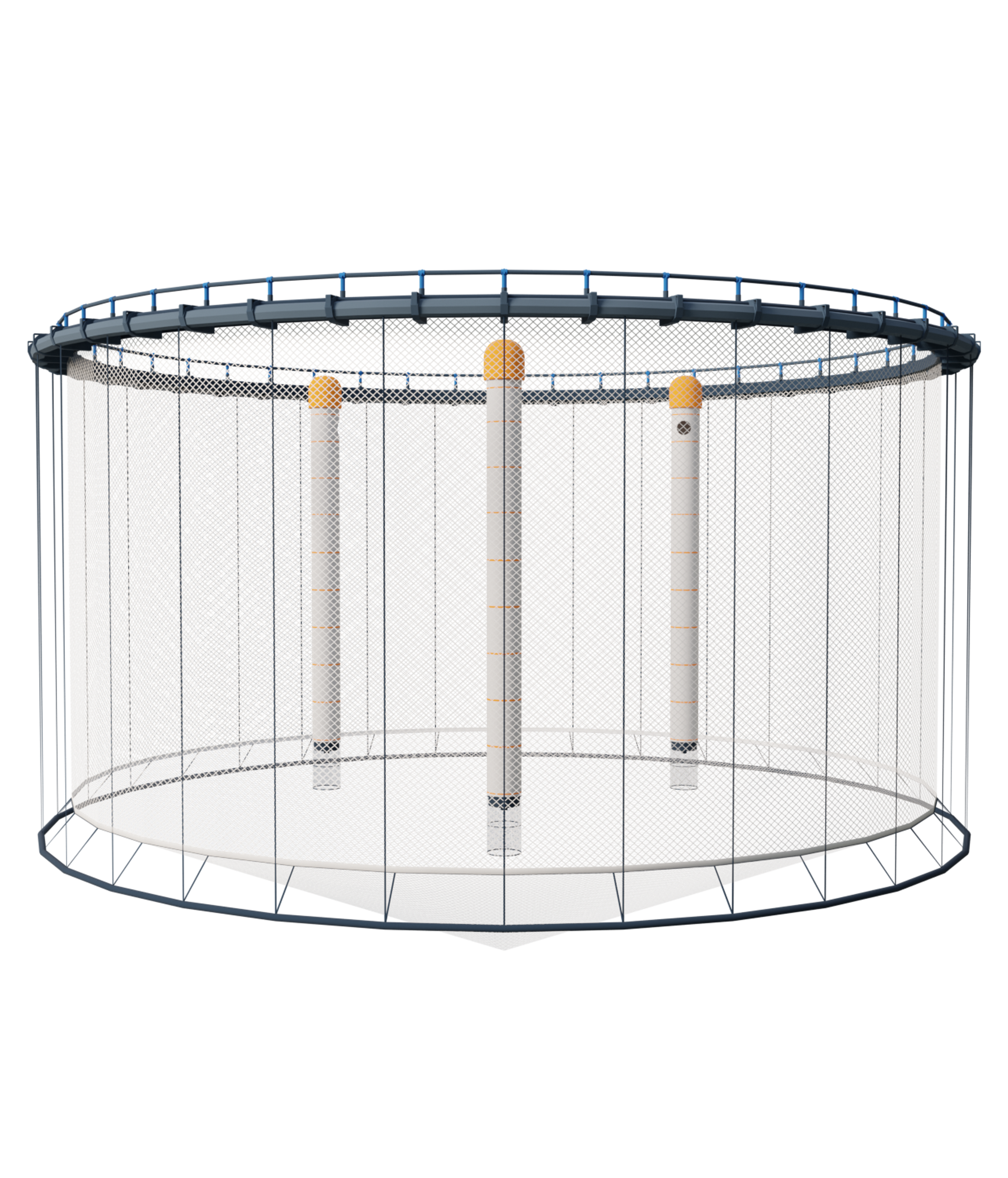 3D visualization of a semi-closed circular aquaculture cage with a floating collar, enclosed net walls, a conical bottom, and vertical internal pipes for water intake and circulation, shown against a black background.