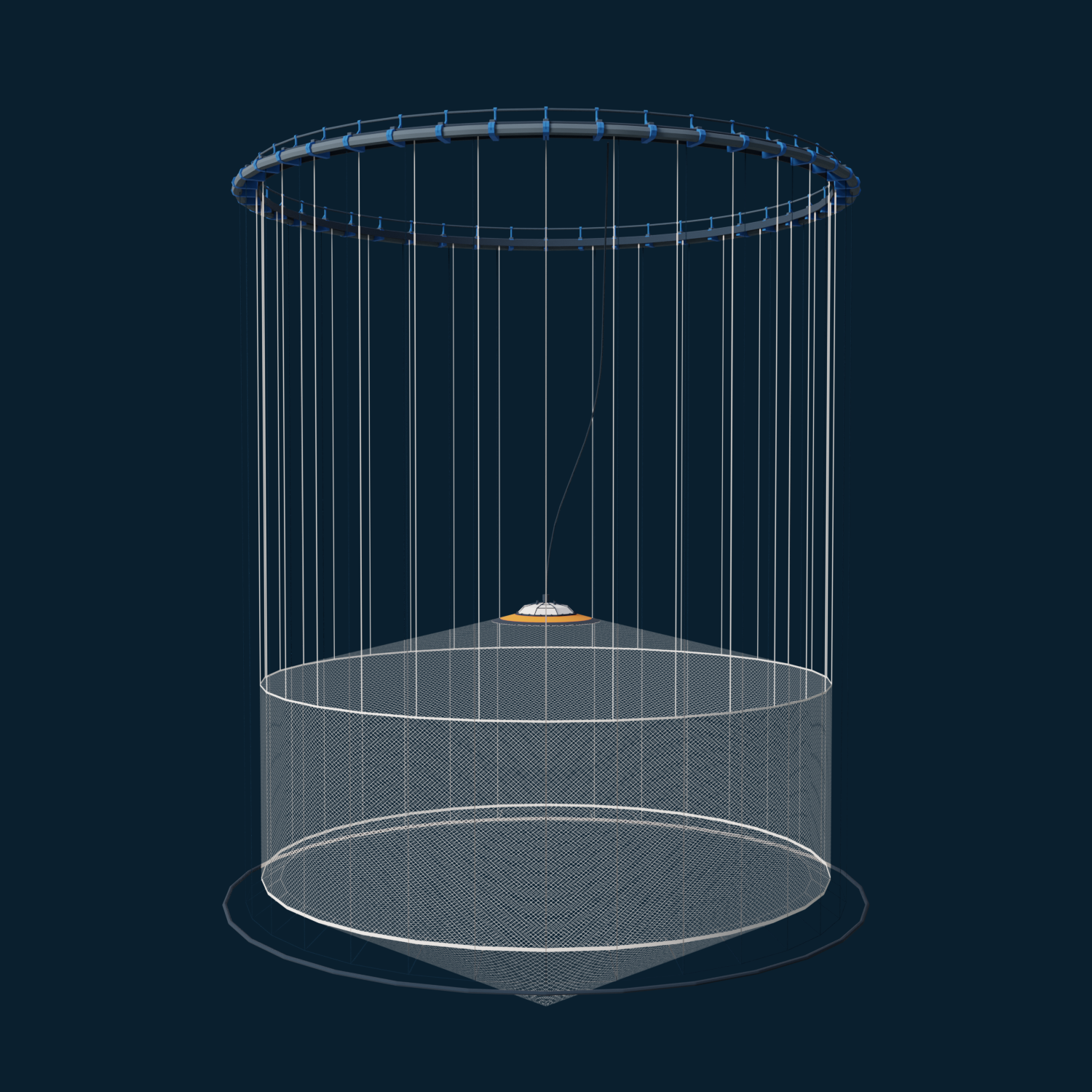 Illustration showing a submerged aquaculture cage with a floating collar, vertical suspension lines, and a conical net bag beneath the surface, designed to keep fish deeper in the water column.