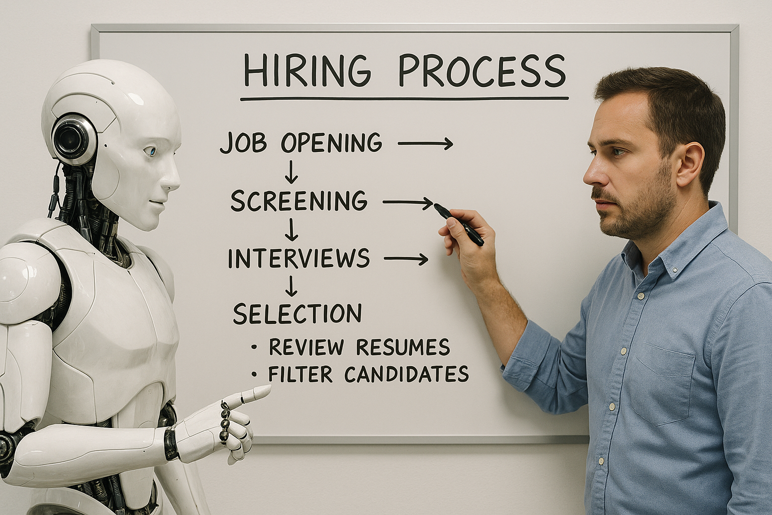 A humanoid robot and a person in a blue shirt stand beside a whiteboard showing a hiring process flowchart with stages from job opening through candidate selection