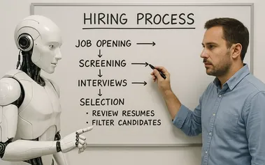 A humanoid robot and a person in a blue shirt stand beside a whiteboard showing a hiring process flowchart with stages from job opening through candidate selection