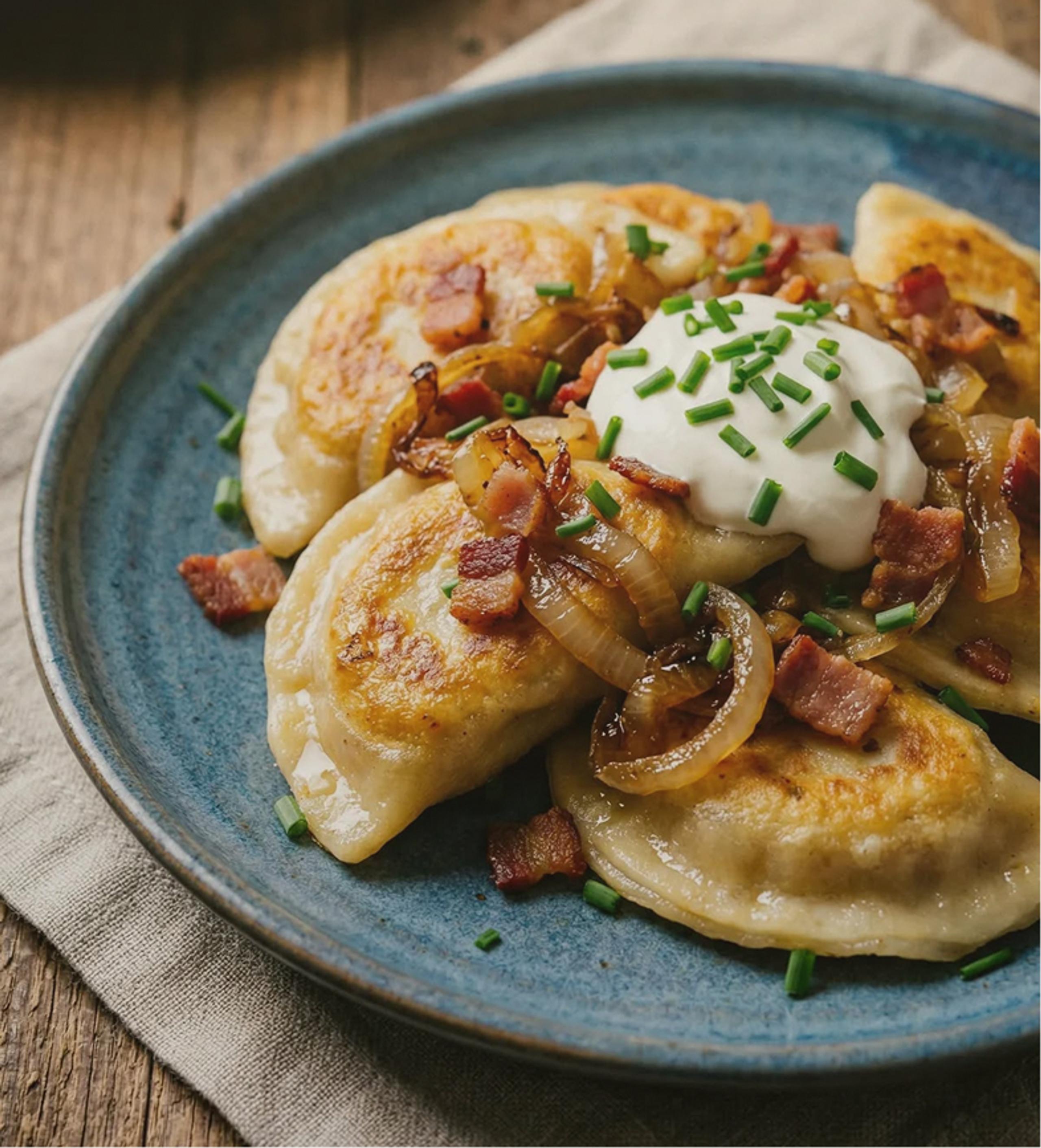 Smażone pierogi z boczkiem, cebulą i śmietaną — Bistro Sezam w Stalowej Woli
