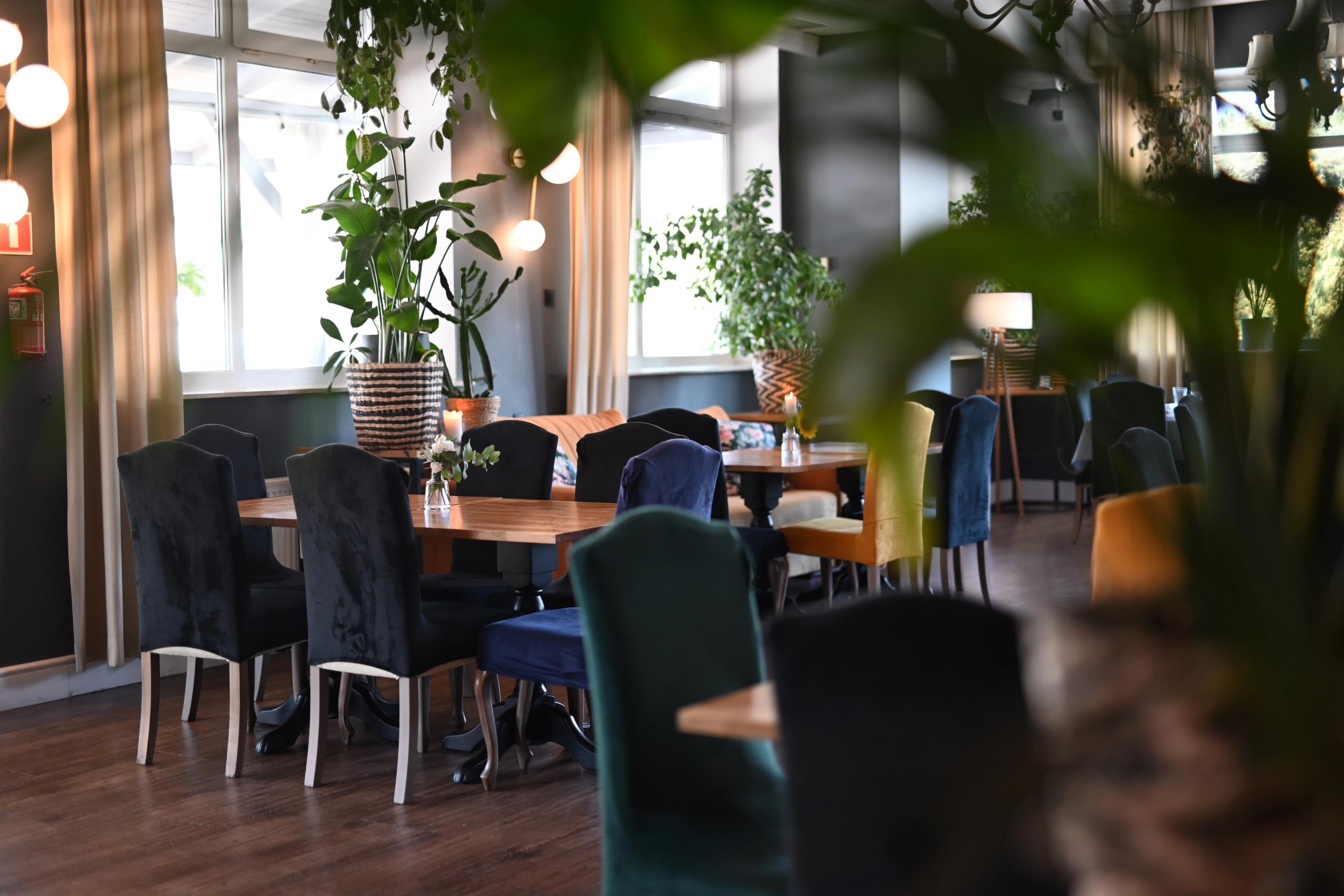 Nastrojowy stolik w Restauracji Sezam w Stalowej Woli — dania, świece i dekoracja z eukaliptusa