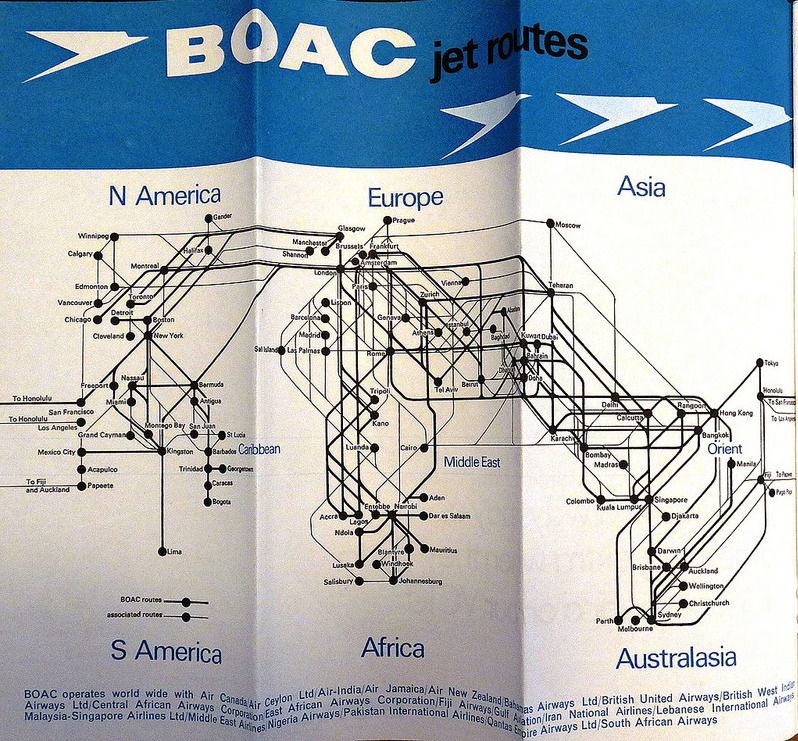 BOAC jet routes map, 1 September 1967 timetable
