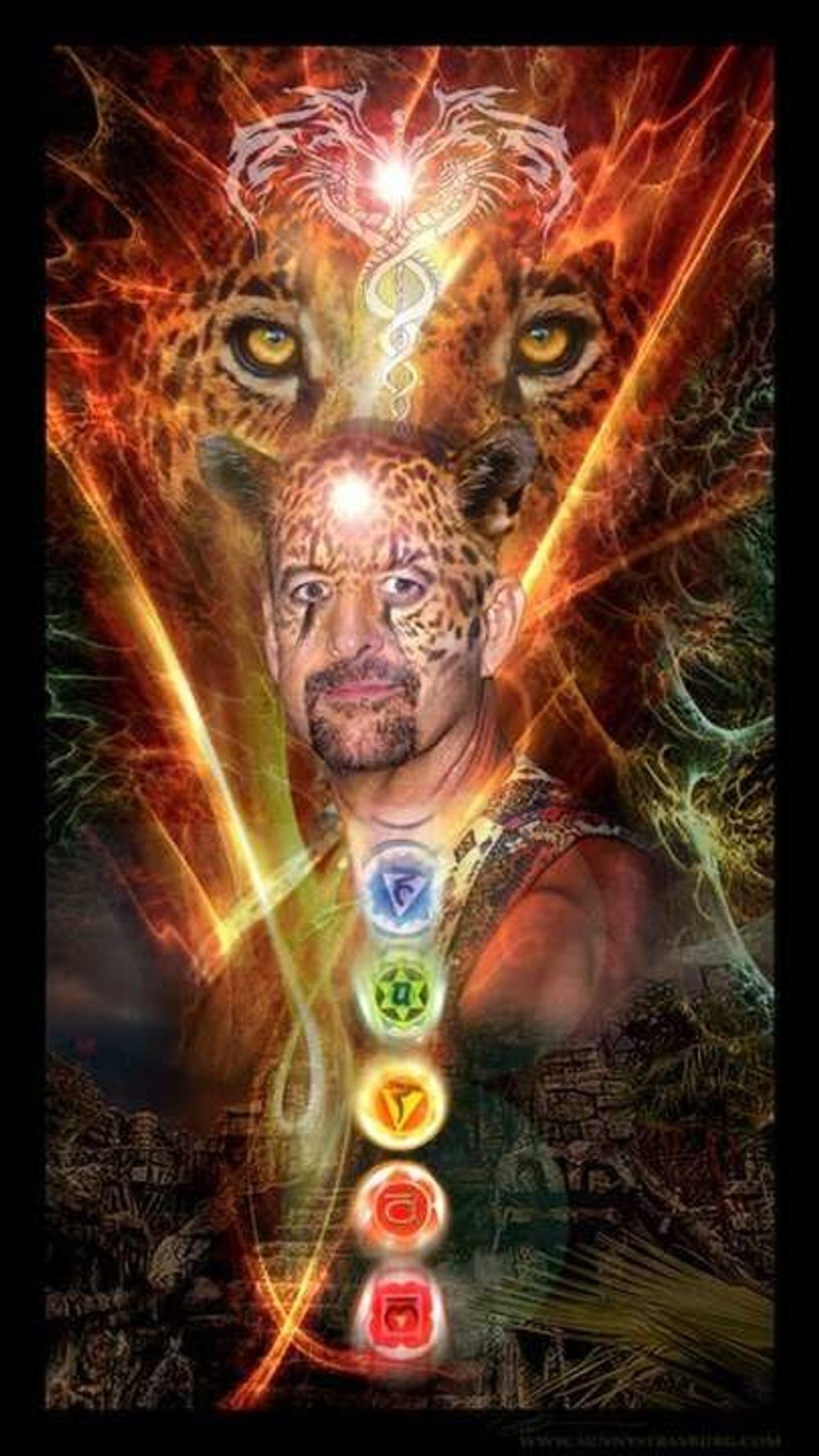 Stylized closing portrait — figure with chakras illuminated