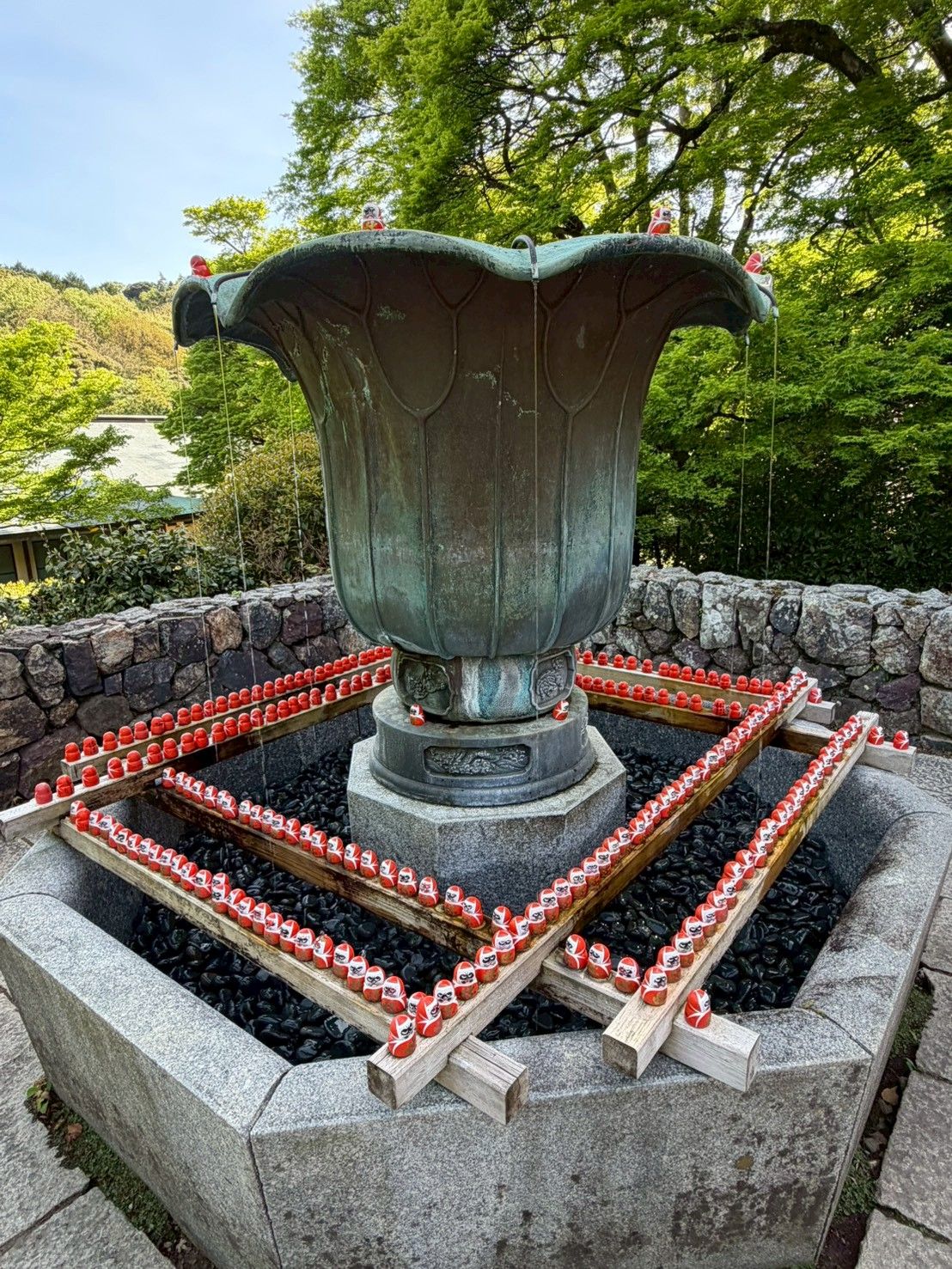 古銅色的水缽周圍擺滿達摩,象徵願望源源不絕